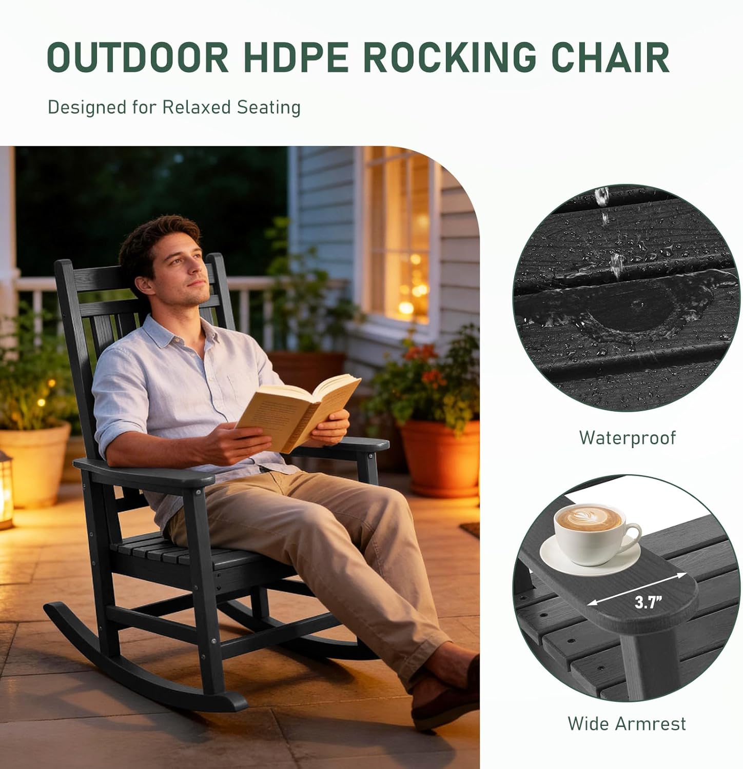 Furnimart Oversized Rocking Chairs Set of 2, HDPE Outdoor Rocking Chair for Adults with High Back, Weather Resistant for Patio, Garden, Lawn, Porch, Black 2pcs