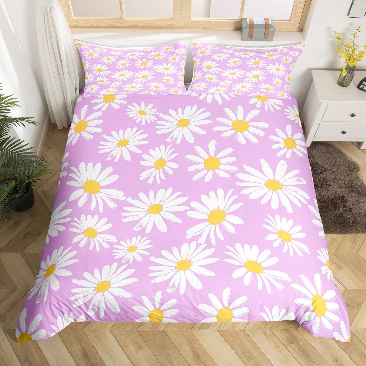 Feelingyou Girls Daisy 02 Wildflower Daisy Bedding Set,Purple Daisy Floral Duvet Cover For Teens,Kids Cartoon Flowers Comforter Cover Decorative Room,Children Country Style Quilt Cover With 2 Pillowcases,Double Size