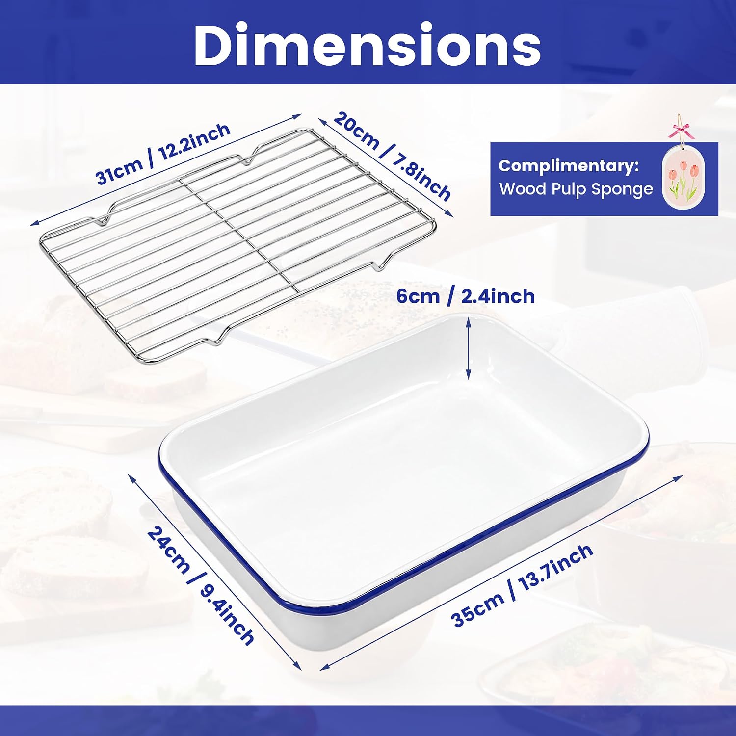 13x9 Inch Enamel Roasting Pan with Stainless Steel Rack, Heavy-Duty Rectangular Baking Pan for Oven Roasting, Baking, and Casseroles