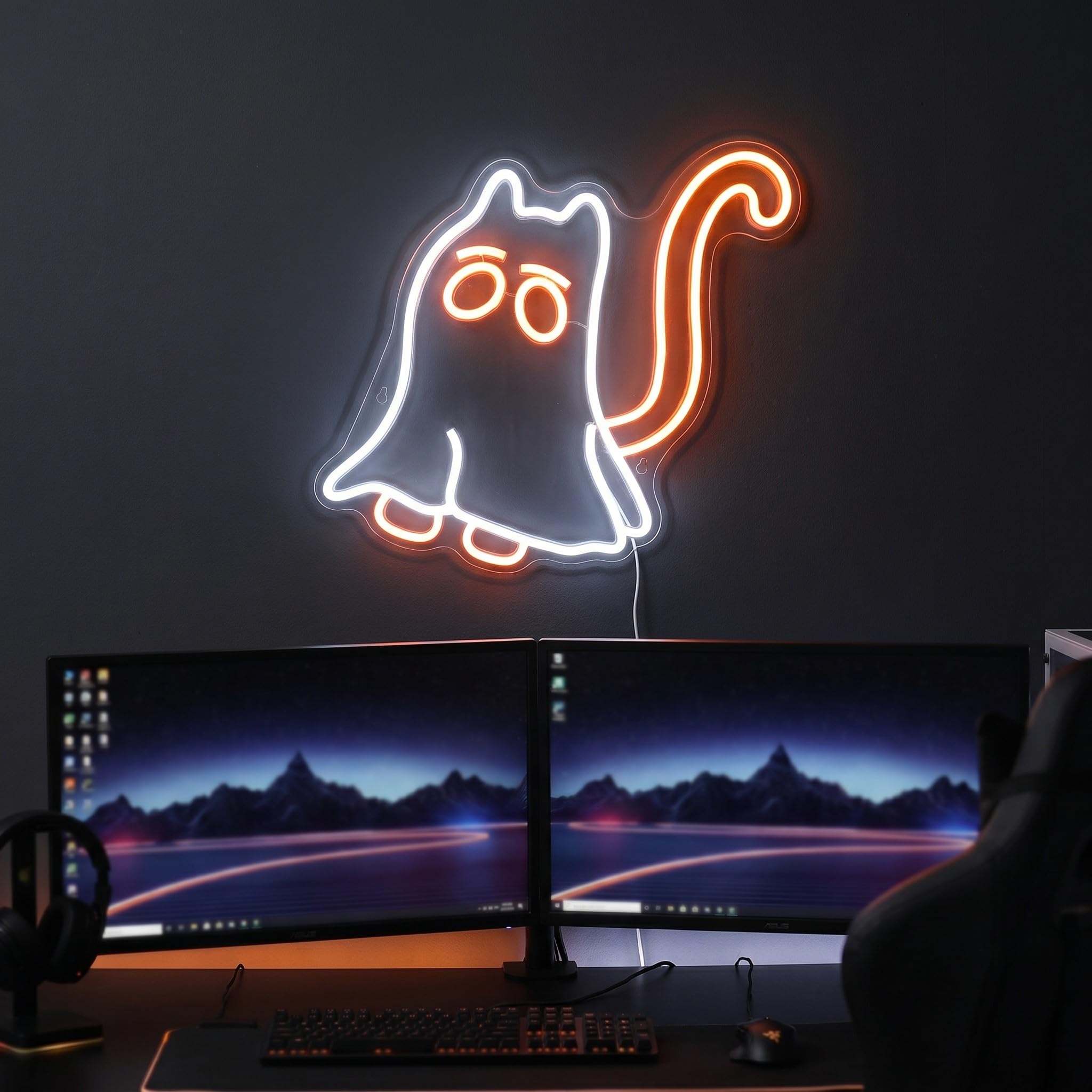 Operitacx Enseigne lumineuse néon chat fantôme - Adorable néon LED d'Halloween - Lampe fantôme alimentée par USB pour décoration murale de chambre, fenêtre, décor de club et de fête -