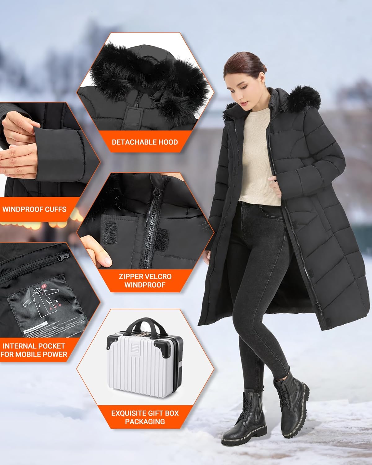 Graphene Women's Heated Jacket, Long Heated Coats for Women with Battery Pack 8 Heating Zones for Winter Outdoor - Image 6