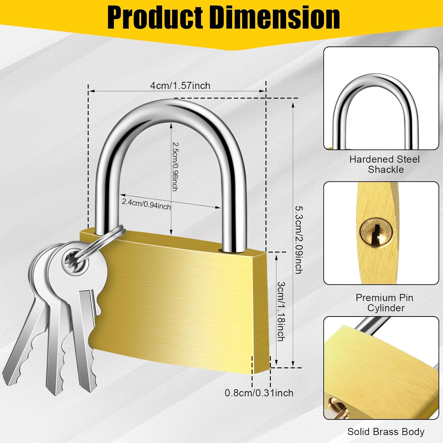 Yaocom 18 Pcs Solid Brass Keyed Padlock, Small Yellow Gym Lock, Strong Padlock with Key for Luggage Toolbox (40mm)