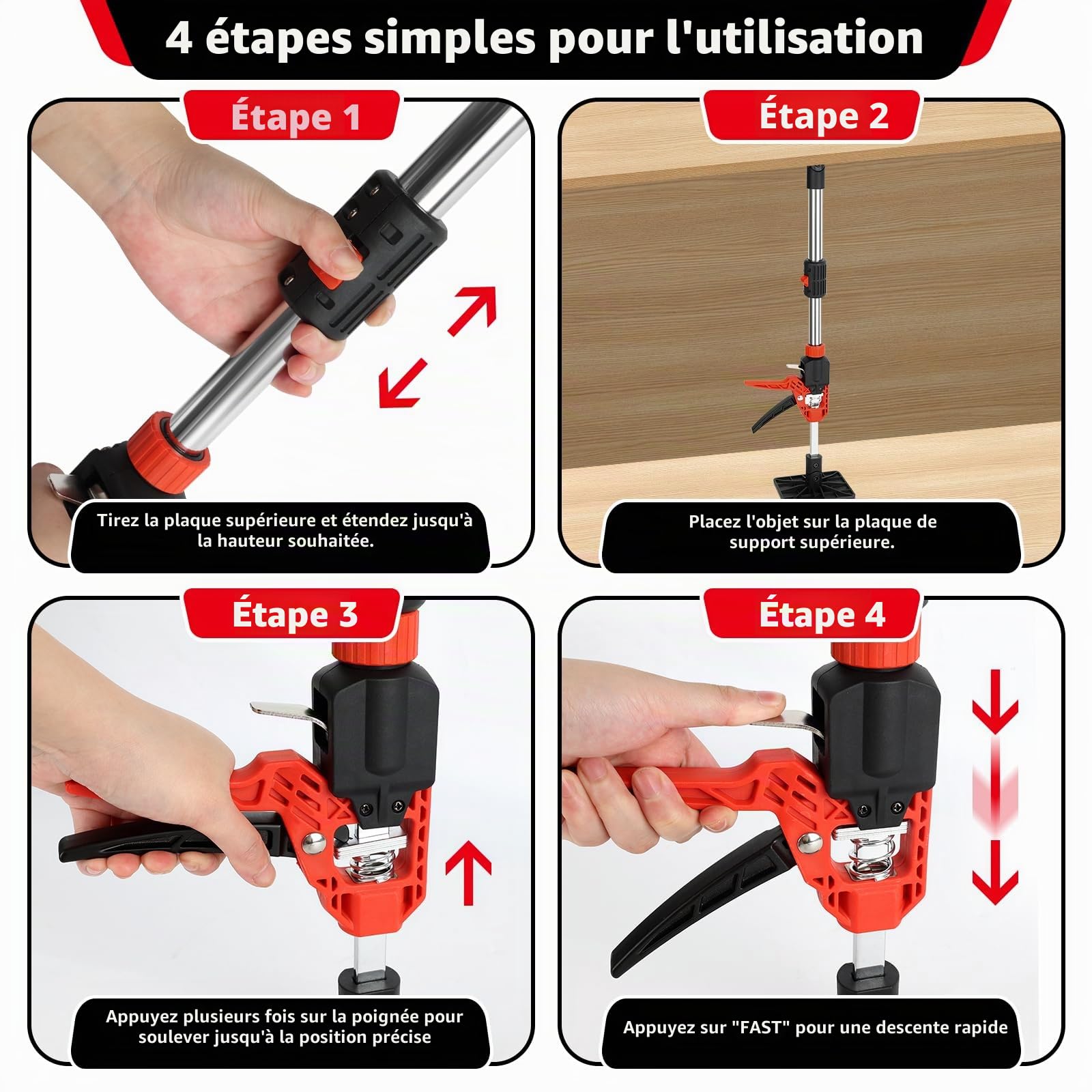 Étai Télescopique Réglable, 2 Pièces Crics de Levage, Léve Plaque Placo, Hauteur 50-93 cm, Réglage d'Angle à 30°, Léve Meuble pour Armoires, Plafonds, Ppanneaux Muraux, Charge Max. 150 kg