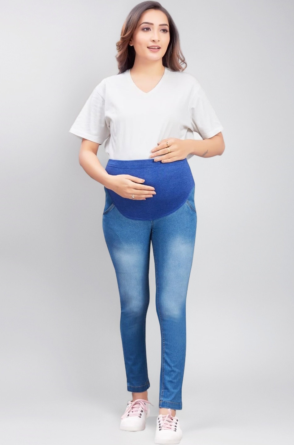 Stretchable Maternity Jeans for Women | Soft Over Belly Panel with Adjustable Waist | Comfortable Slim Fit Pregnancy Denim Pants | Lightweight Flexible Everyday Wear