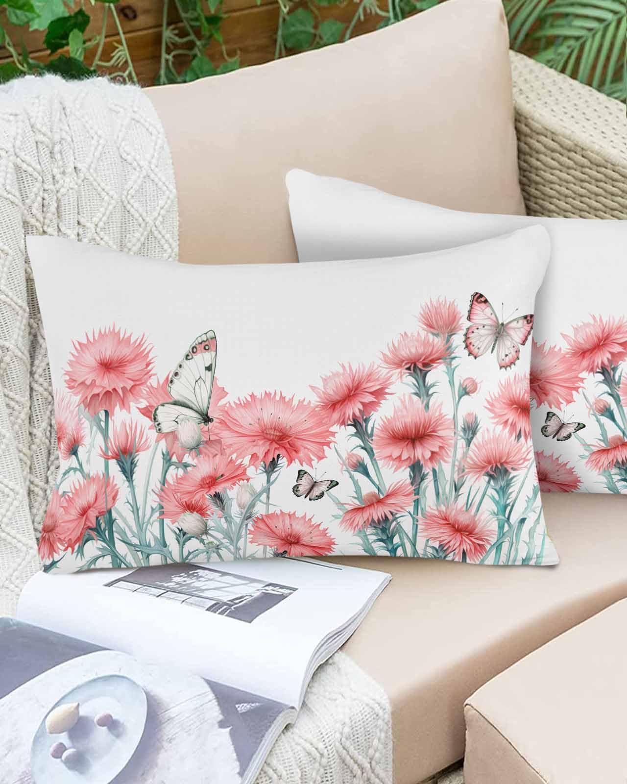 Boanket Lumbar Pillow Covers 12 x 20 in, Red Spring Floral Waterproof Throw Pillow Cover Set of 2, Summer Botanical Elegant Home Decorative Rectangle Cushion Covers for Patio/Tent/Couch/Garden