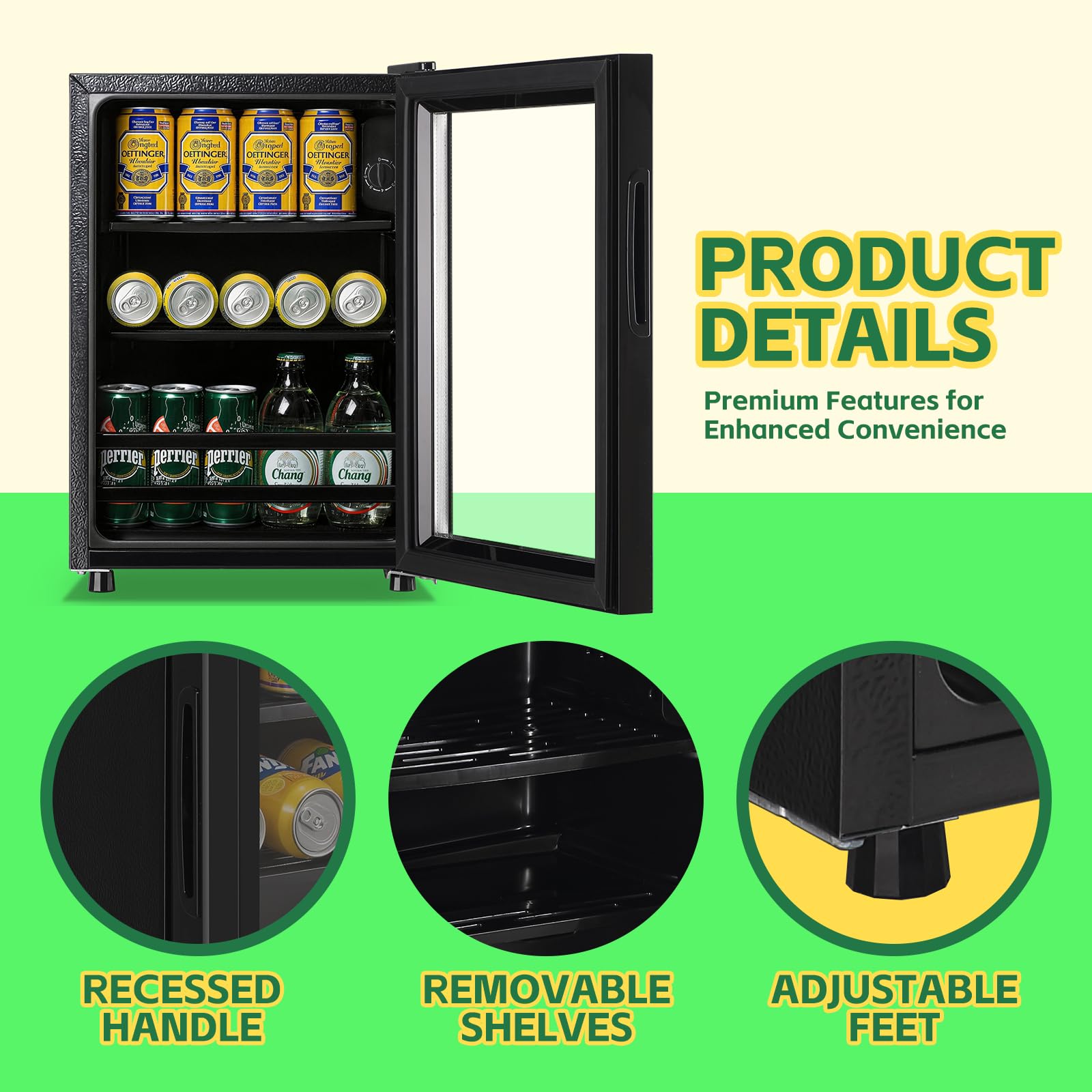 WANAI Small Beverage Refrigerator Cooler 1.3 Cu.Ft, 45 Can Black Mini Small Fridge With Glass Door Adjustable Shelves For Soda Beer Wine, Suitable For Bedroom Bar Office on Fridge.com - View 6