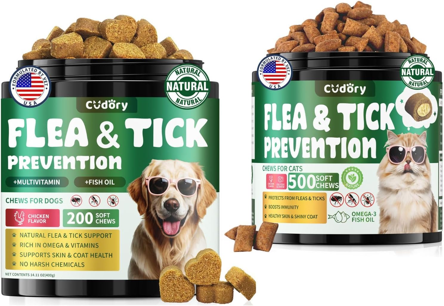 Flea and Tick Prevention for Dogs & Flea and Tick Prevention for Cats, Flea and Tick Support with Vitamins & Fish Oil, Oral Flea Chews Supplement -All Breeds