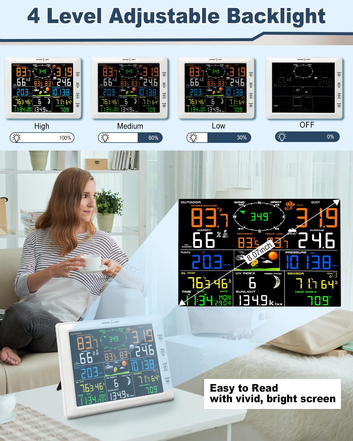 Urageuxy WiFi Weather Station with 8.3 inch Color Display – Wireless Outdoor Sensor Measures Rain Gauge, Wind Speed/Direction, Temperature, Humidity, UV, Forecasts, Barometer - Image 5