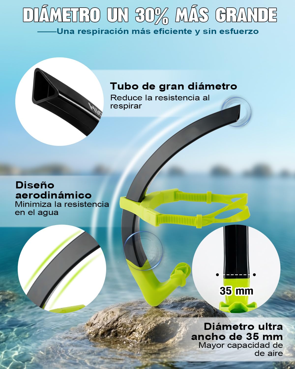 BOOSTEADY Tubo Natacion Frontal de Gran Diámetro: Accesorios Piscina Snorkel Adulto con Sangle Ajustable Hombre/Mujer, Natacion Accesorios Tubo Snorkel con Boquilla de Silicona y Válvula Drenaje