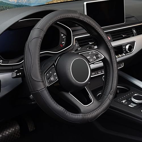 KAFEEK - Funda para volante de automóvil, universal de 15 pulgadas, cuero de microfibra, antideslizante, sin olor, con líneas negras