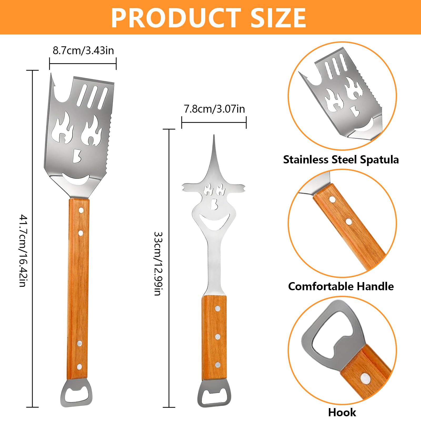 2 Pièces Spatule Barbecue, Spatule Barbecue 8 en 1 en Acier Inoxydable avec Manche en Bois pour Picnics et Outdoor