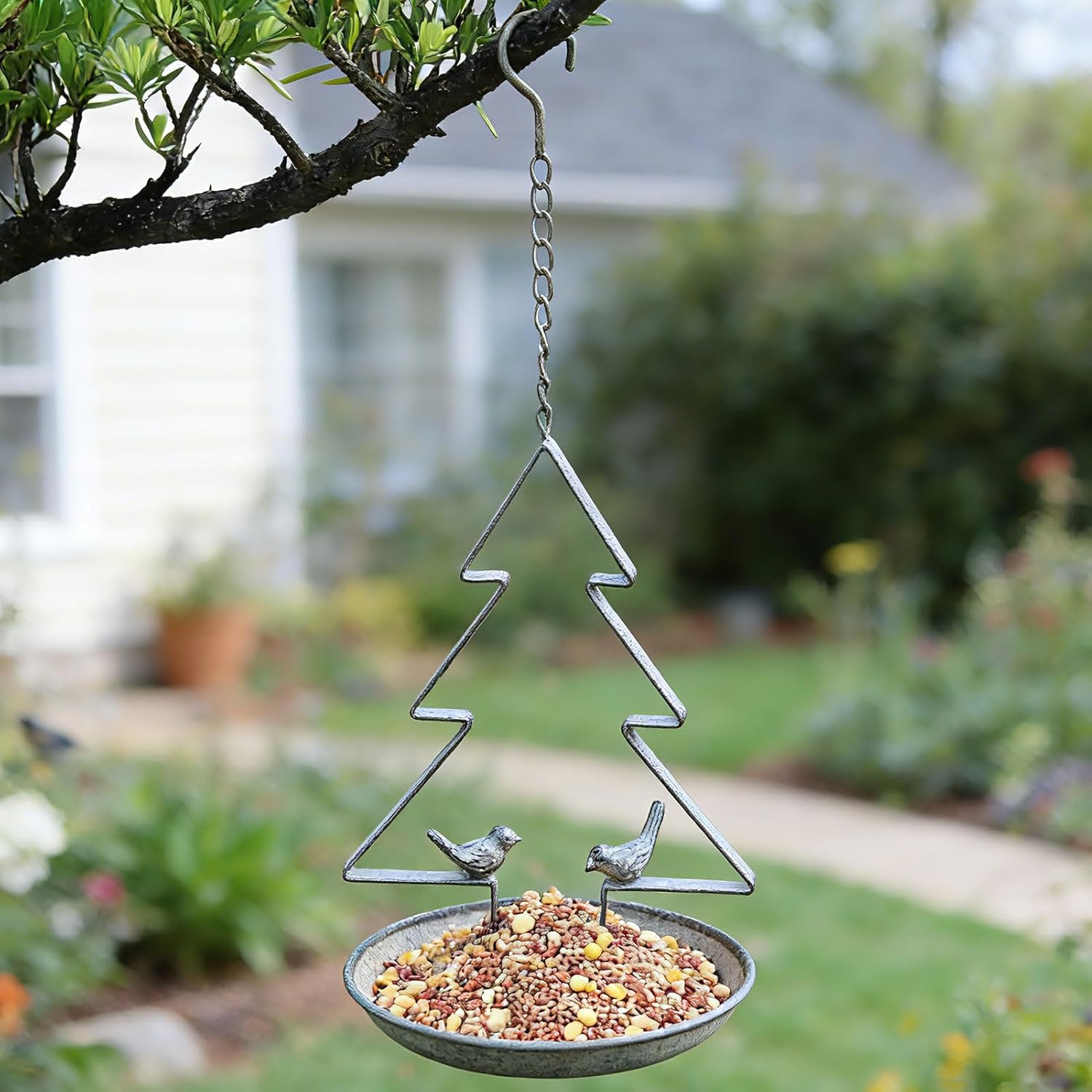 Christmas Tree Hanging Bird Feeders for Outdoors, Seed Tray for Metal Bird Feeder,for Garden Patio Decoration (Retro Green-B)