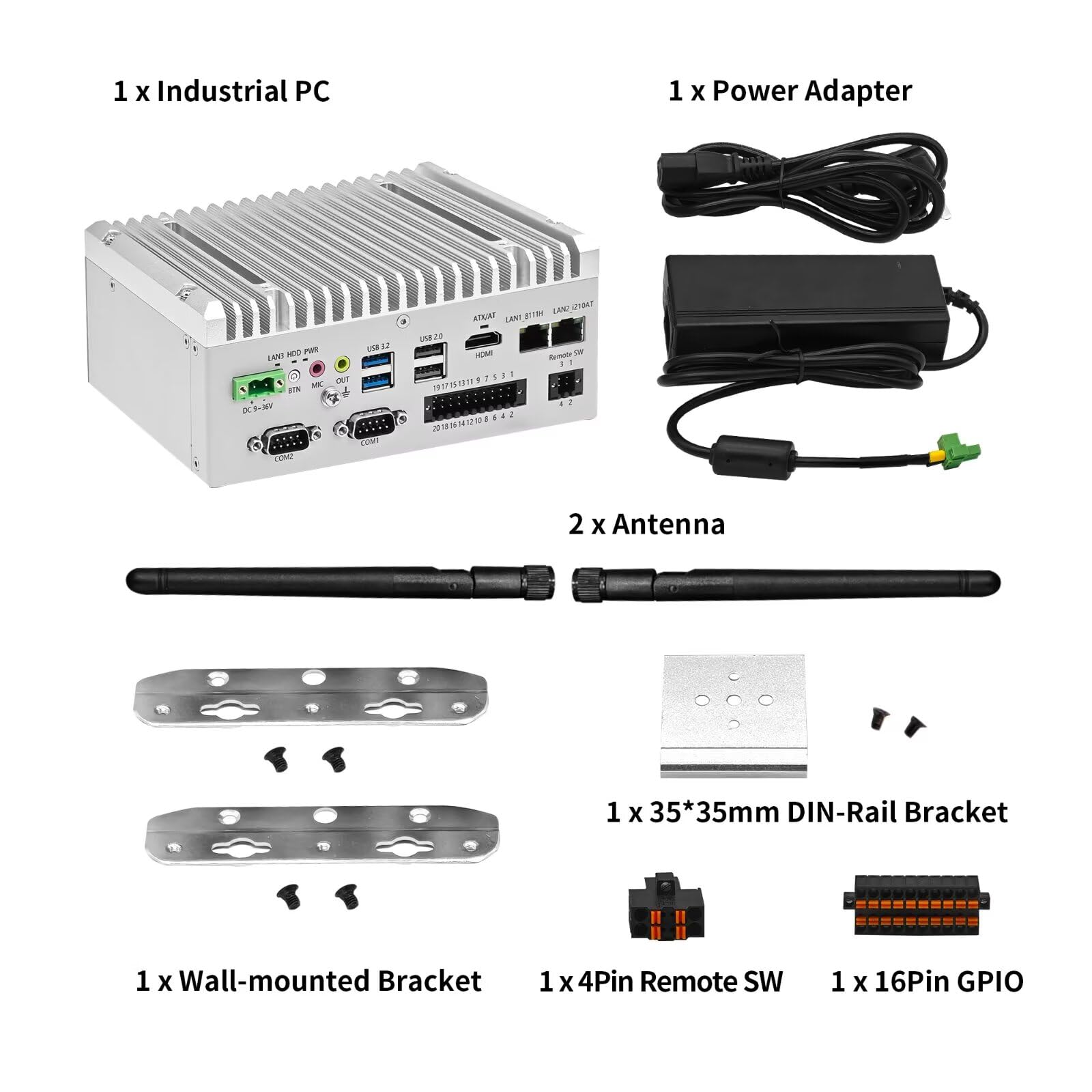 Mini PC Industrie Lüfterlos Fanless Embedded Computer J6412 Dual LAN 2COM 16Pin GPIO 4USB 4K60Hz Dual Display Auto Power On DDR4 0G RAM 0G SSD, Barebone