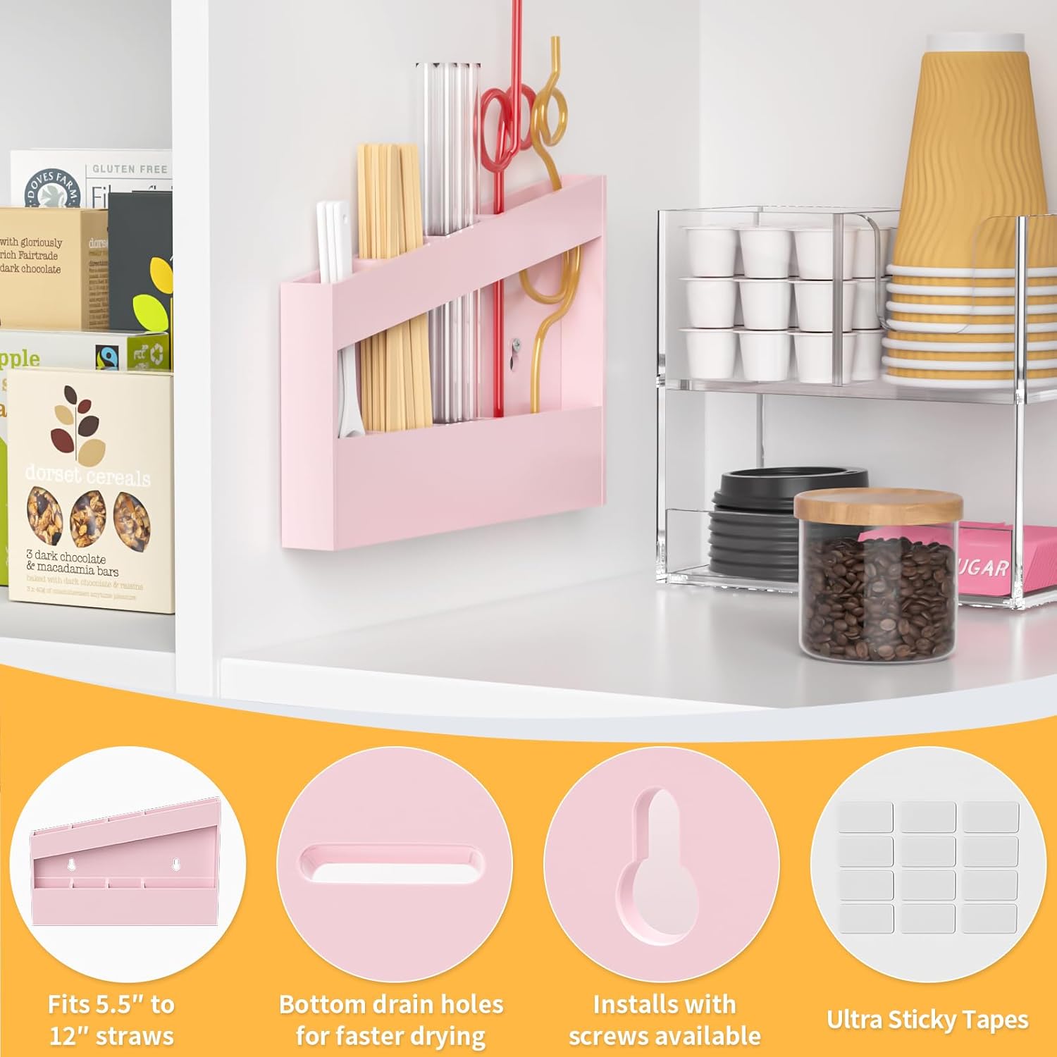 Acrylic Straw Holder for Cabinet - 9.5 Inch Pink Reusable Straw Organizer Dispenser with Ultra Sticky Adhesive Tapes, Slanted Kitchen Accessories Container Cupboard Door Mounted - Image 8