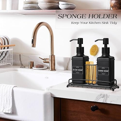 Miniatura 3 de Dispensador de jabón para platos con soporte de esponja ajustable, juego de dispensador de jabón para manos y platos de cocina de 10 onzas líquidas,