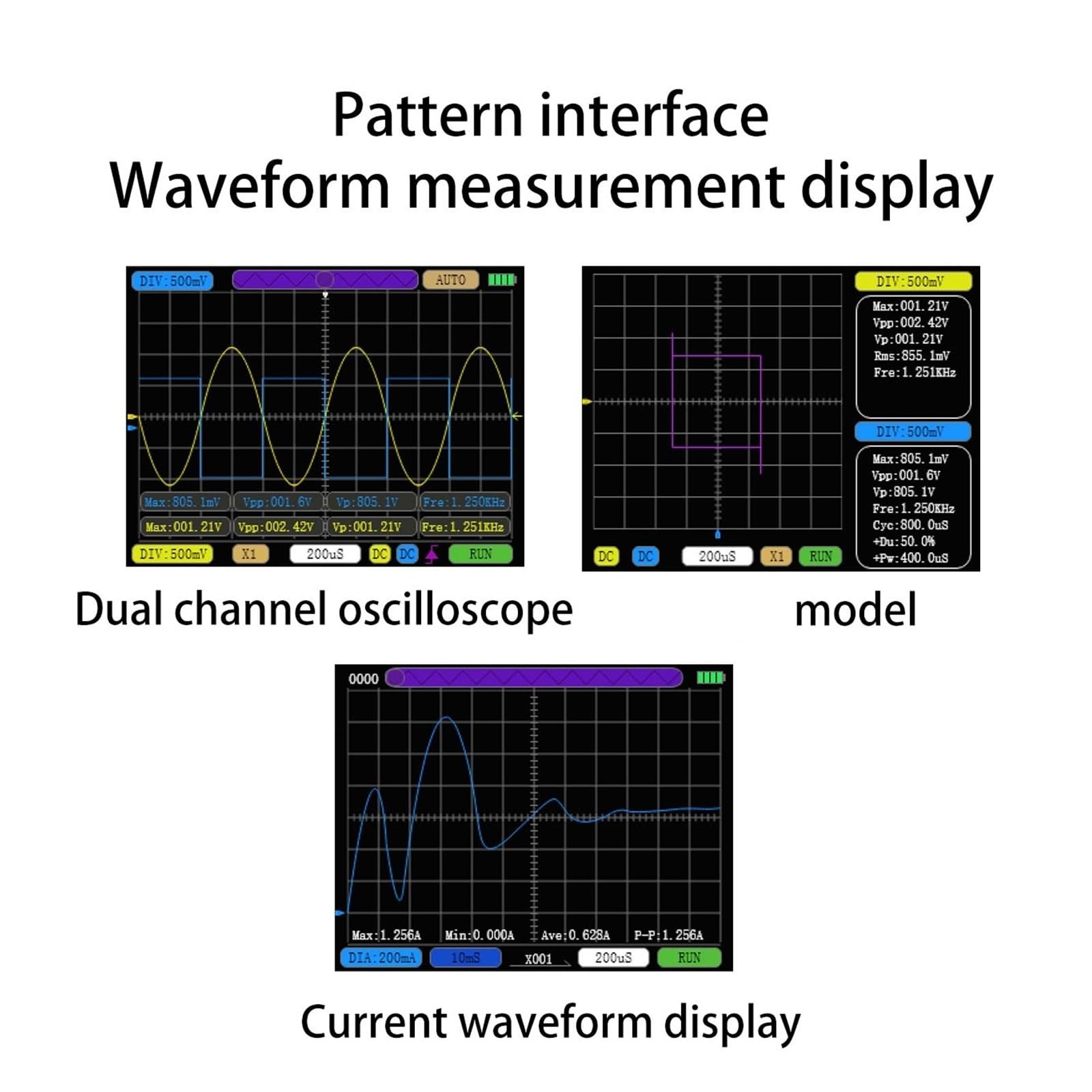 Osciloscopio digital, Osciloscopio Digital de 2 canales, tasa muestreo 50M, ancho banda analógico 10Mhz, patrones Lissajous, medición forma onda corriente 6A(SET 3)