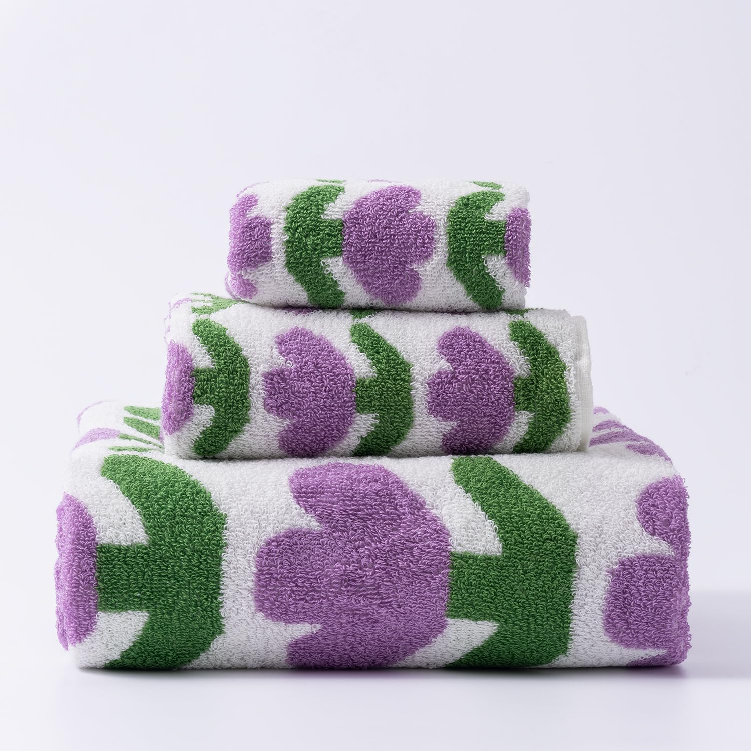 Luxury Bath Towel Sets Purple Tulip Large Ultra Soft 100% Cotton Classic Flower Classic Pattern 1 Bath Towels Sheets 2 Hand Towels Highly Absorbent for Gift Adults Girl Face Body (Puple)