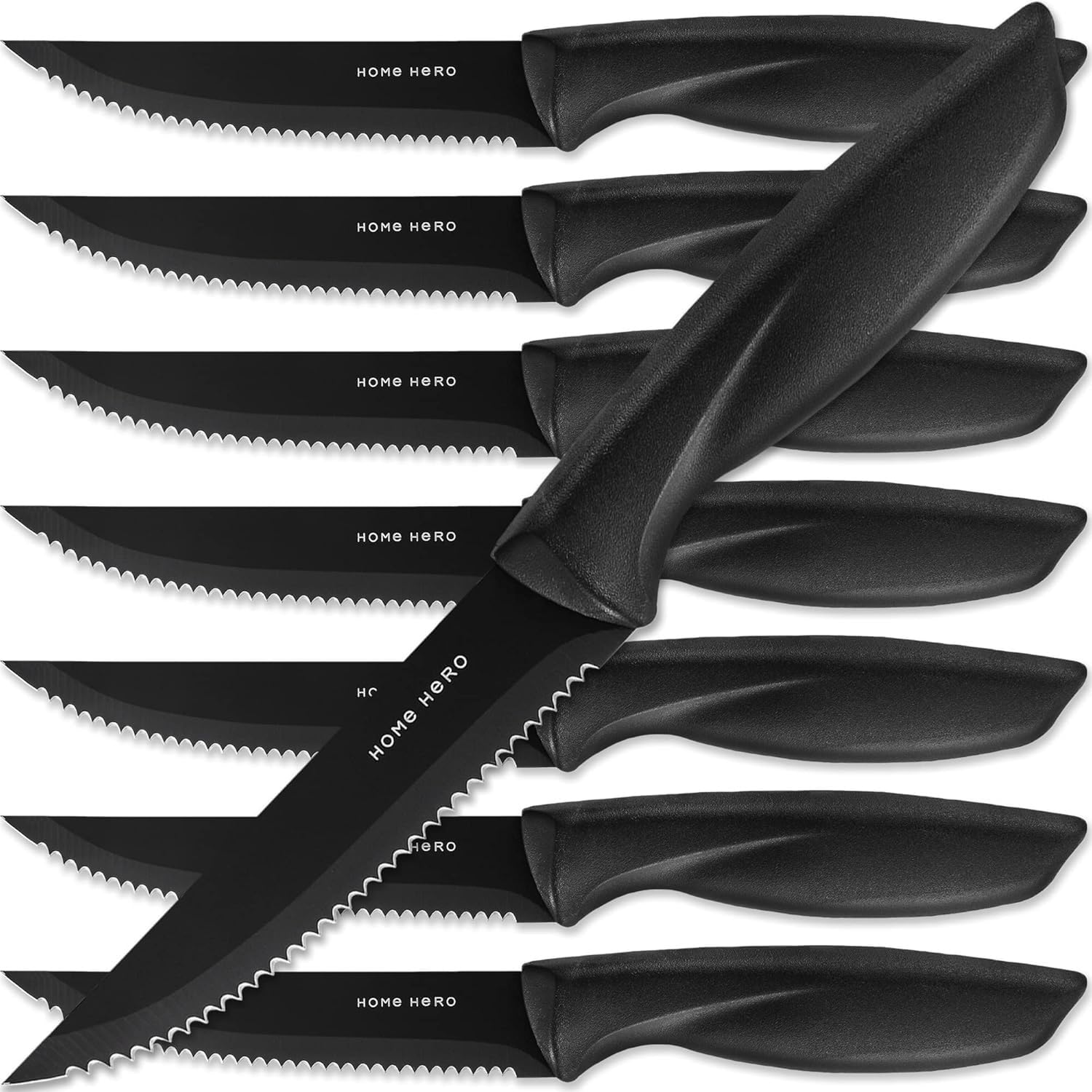 Home Hero Messerset Scharfe Küchenmesser Set - Kochmesser Set Edelstahl Messer Set (8 Stück Steakmesser - Schwarz)