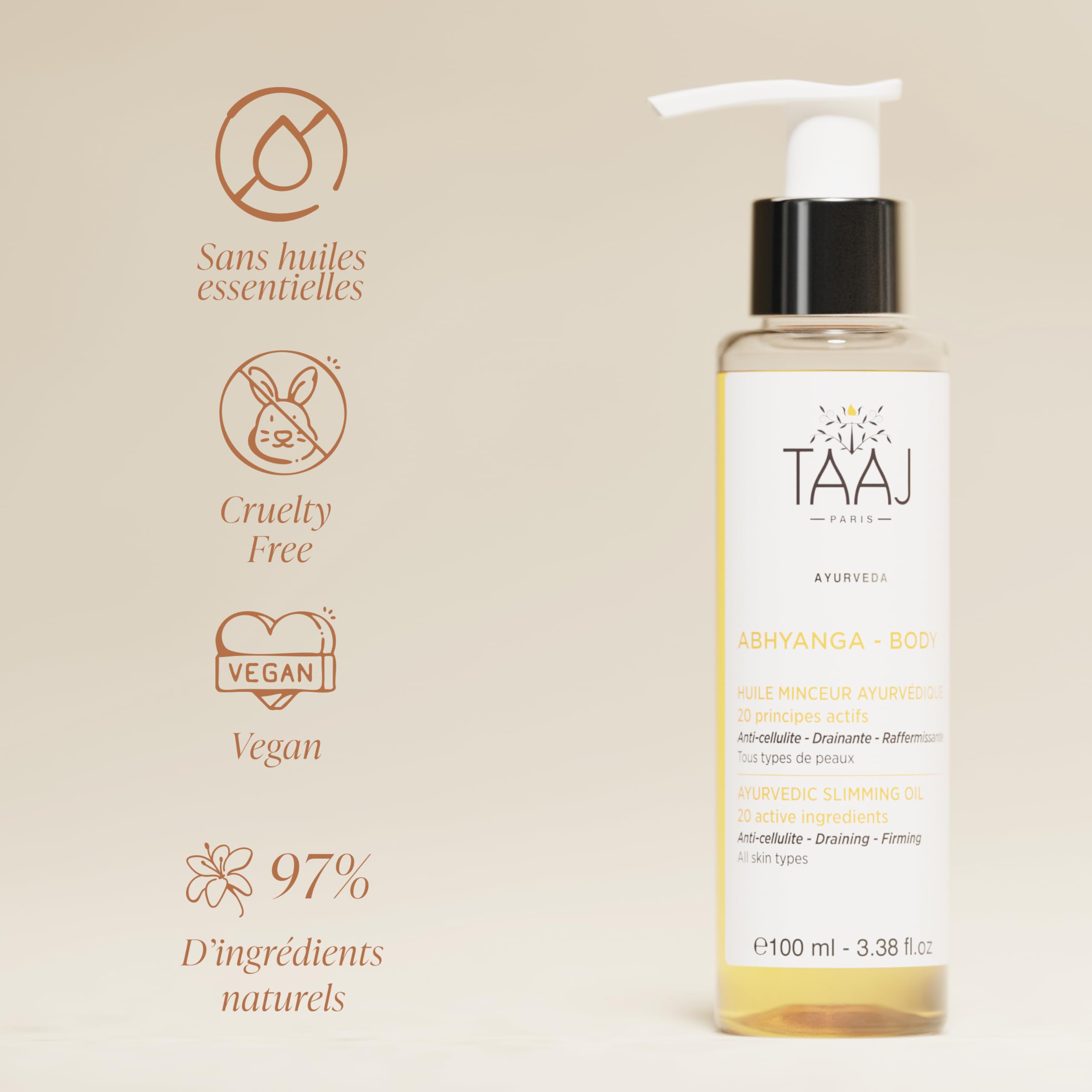 TAAJ | Huile Minceur Ayurvédique - ABHYANGA | Huile Anticellulite Raffermissante & Drainante | Raffermi & Lisse la peau | Réduit l’aspect de la Cellulite | Nourrit en profondeur | Vegan | 100 ml