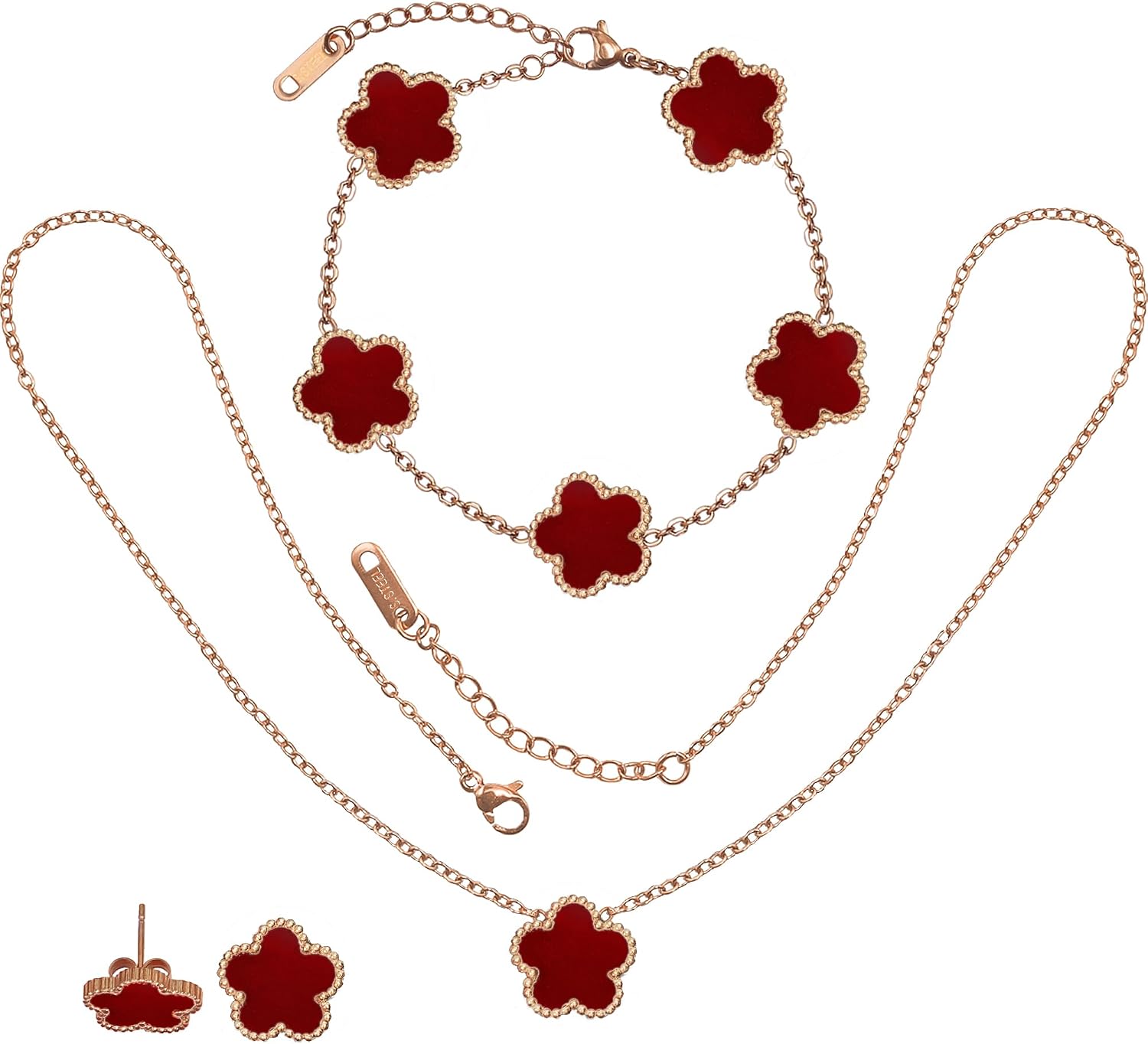 Lucky Clover Jewelry Set - 18K Rose Gold Plated Five Leaf Necklace Bracelet Earrings Gift Collection for Women