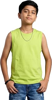 KiddoPanti Kids Boys Sleeveless Cotton T-Shirt | 100% Cotton Single Jersey Knit | Round Neck Solid Casual Vest Tee | Soft... Price In India