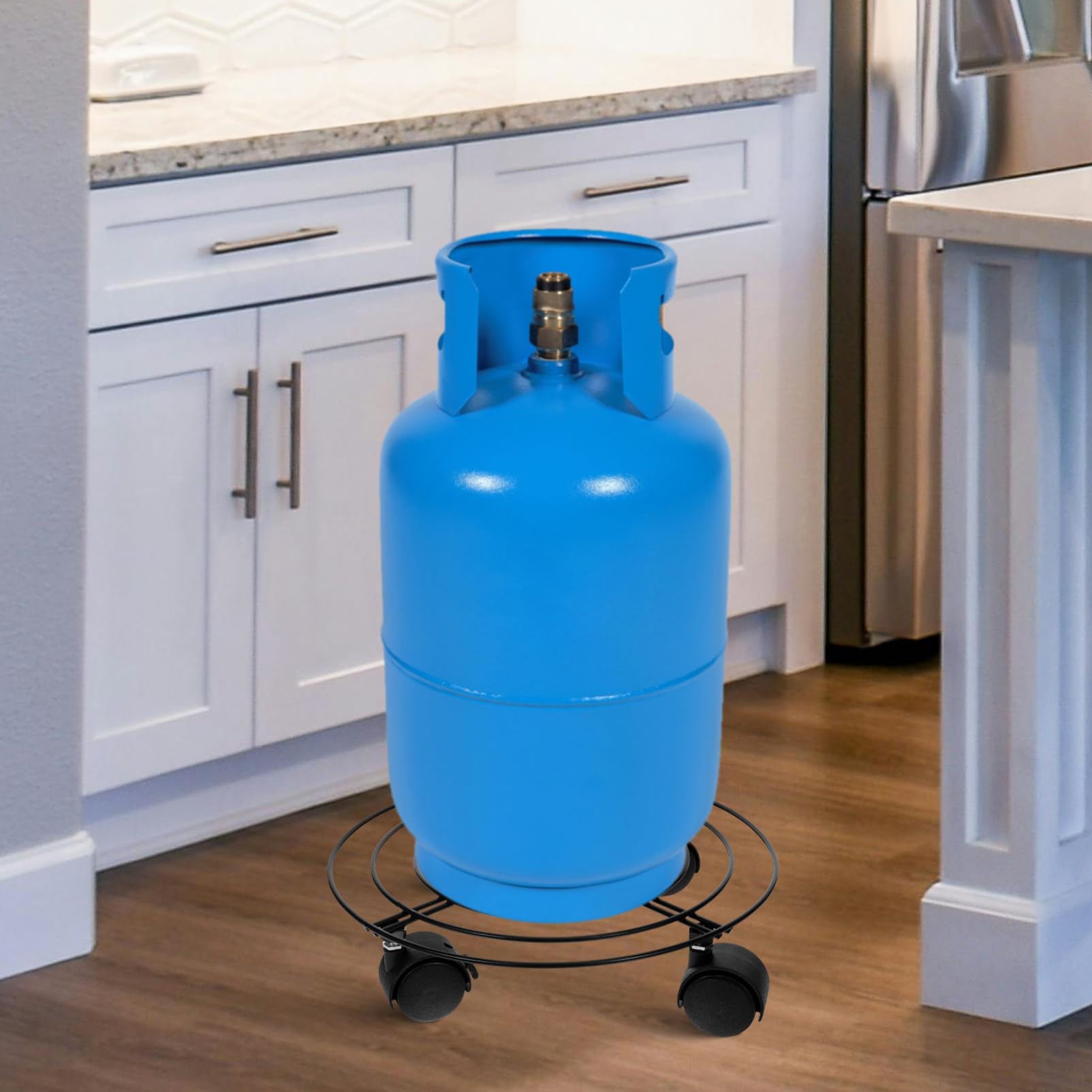 Amosfun Mobiler Gasflaschenständer aus Eisen mit Bremsrädern für Propangastanks bis 27cm Durchmesser Runder Gasflaschenhalter für Haushalt und Gewerbe
