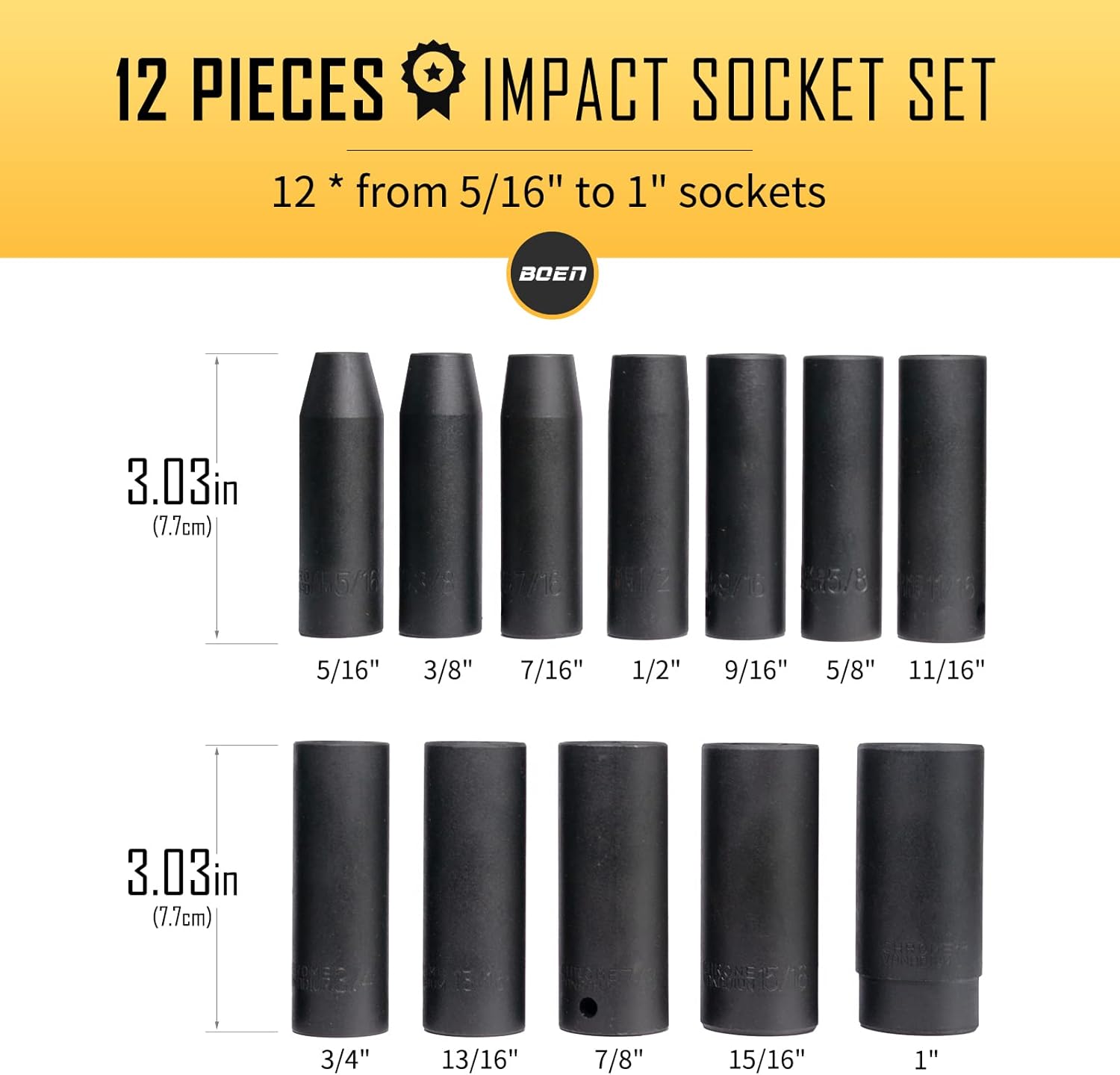 BOEN 32 Piece SAE and Metric 1/2 inch deep impact socket set, Black Phosphate Coating, 6 Point Design, Meets ANSI Standards