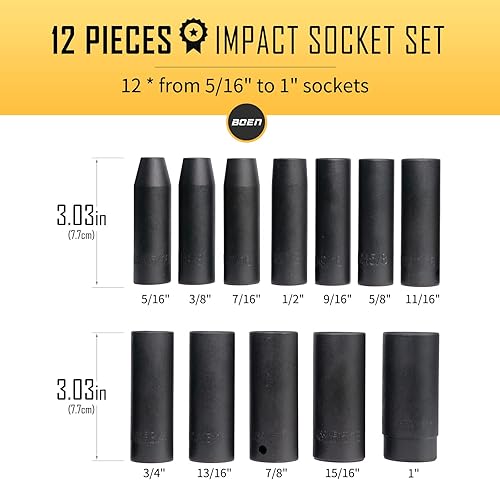 Miniatura 6 de BOEN Juego de 32 piezas SAE y métricas de impacto profundo de 1/2 pulgada, revestimiento de fosfato negro, diseño de 6 puntos, cumple con las normas