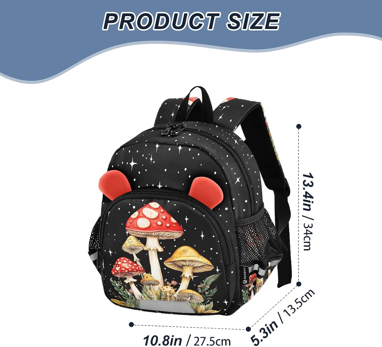 Mushroom Kids Backpack with Ears Reflective Strip for Boys Girls Elementary School Bag Removable Chest Strap
