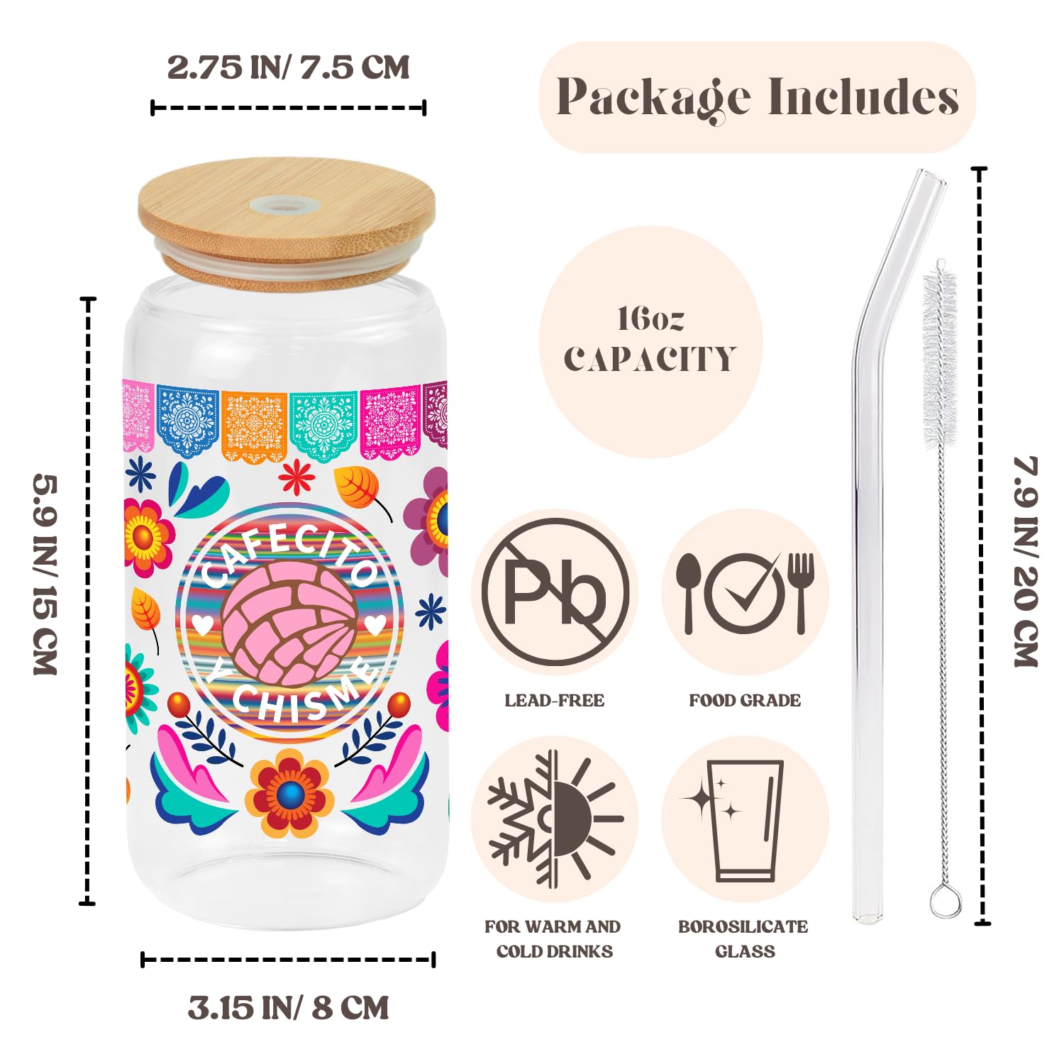 Cafecito Y Chisme 16oz Glass Cup with Bamboo Lid and Straw, Friend Present for Women, Mexican Coffee Glass Cup for Iced Coffee, Sisters, Christmas