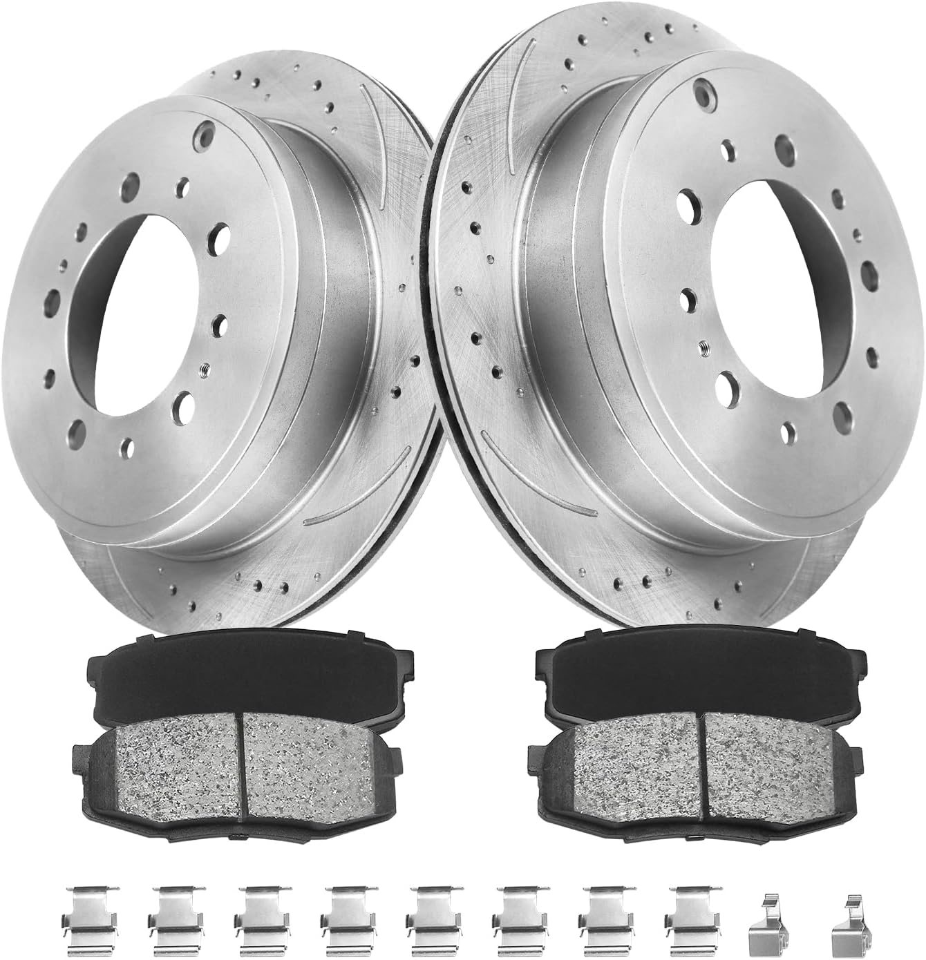 MOTOREVO Rear Brake Pads And Rotors Kit Vented Compatible With Toyota Tundra 2007 2008 2009 2010 2011 2012 2013 14 15 16 17 18 19 20 21 Drilled Slotted Brake Rotors Ceramic Brake Pads (13.6in) 345mm