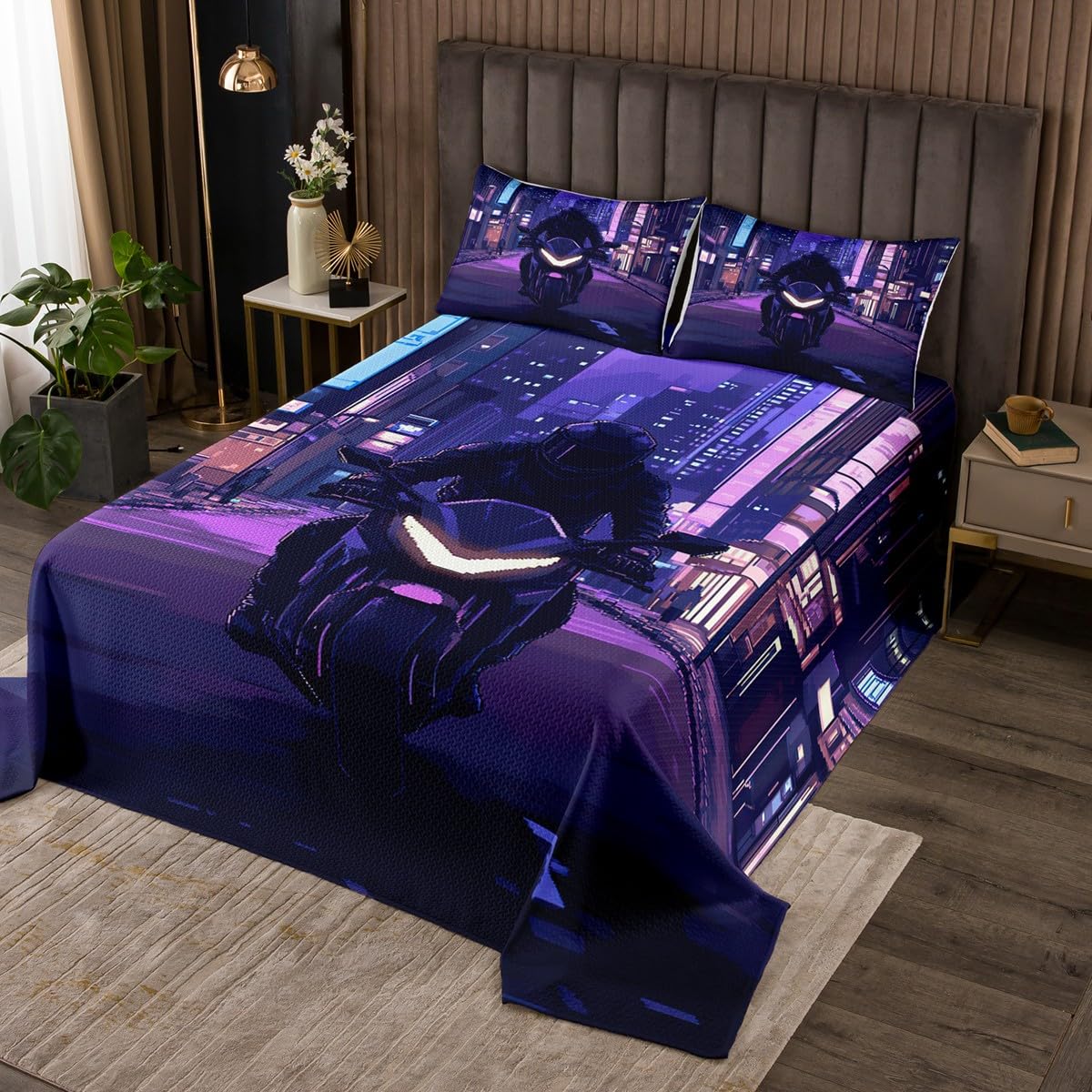 jejeloiu Kids Dirt Bike Bedspread Extreme Sports Coverlet Set King Size for Boys Racing Motocross Rider Coverlet Motorcycle Purple