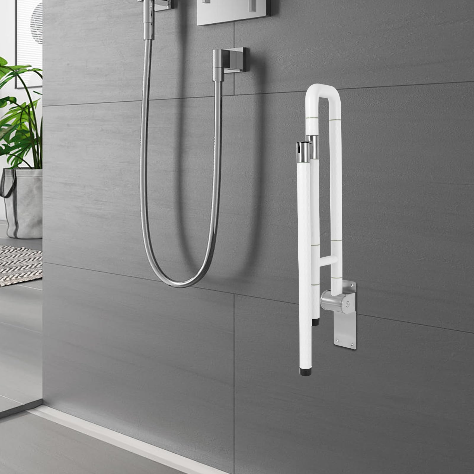 Barra de apoyo plegable de seguridad, barra de apoyo plegable para cuarto de baño, mango antideslizante, acero inoxidable, apoyabrazos PMR soporte de pared, plegable 180°, carga 100 kg, para inodoro