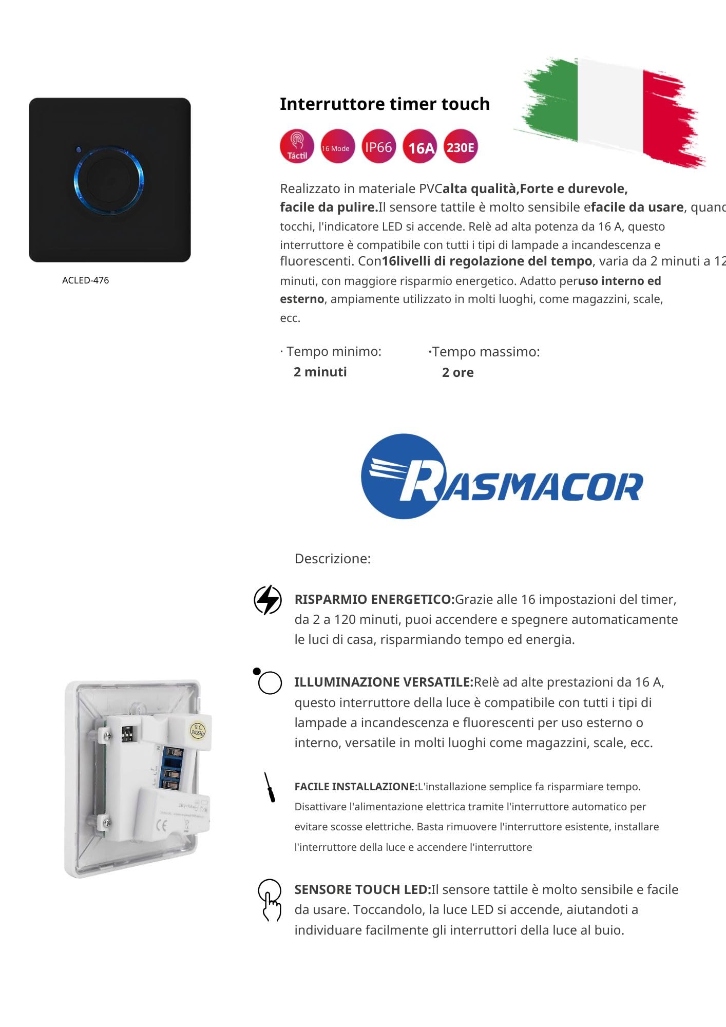 RASMACOR Minuteur Mural Tactile LED IP66, pour intérieur et extérieur, 16 Niveaux de réglage du Temps, 16 A, 230 V, durée réglable de 2 à 120 Minutes, Installation Facile (Noir)