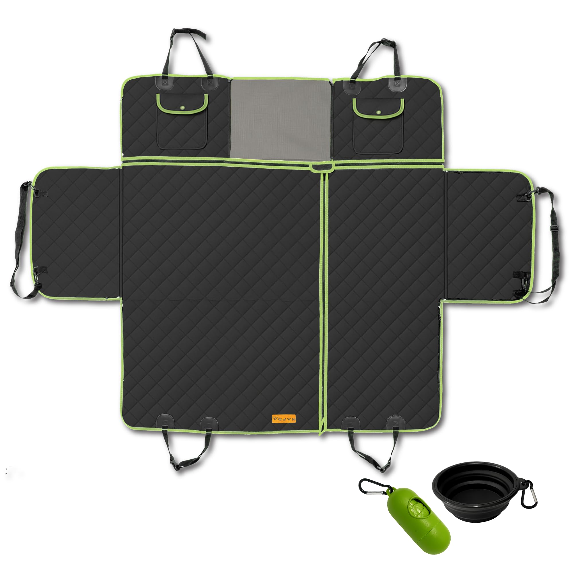 Funda Perro Coche Asientos Traseros 6-En-1 – Fundas para Coches Asientos Impermeables 600D con Ventana De Malla Y Laterales Elevados – Manta Coche Perro Asiento Trasero Negro/Verde