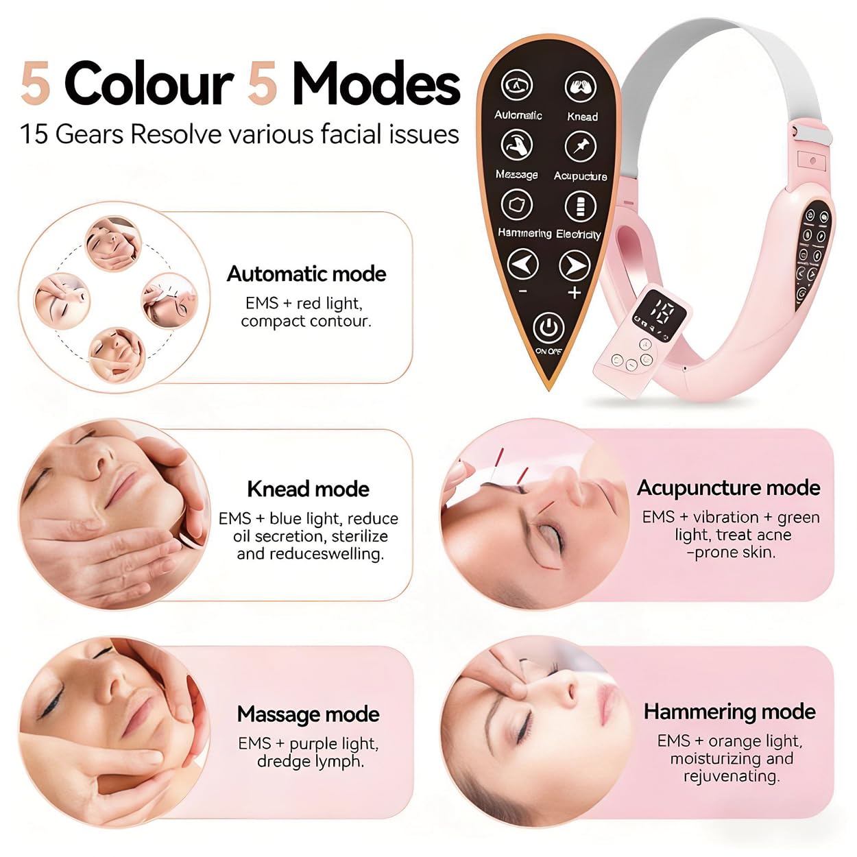 Massaggiatore elettrico V-Face Shaping + elettrostimolatore versione 2026, rimozione a doppio mento e rassodante, massaggiatore facciale EMS, fototerapia rossa e blu, 5 modalità di terapia +