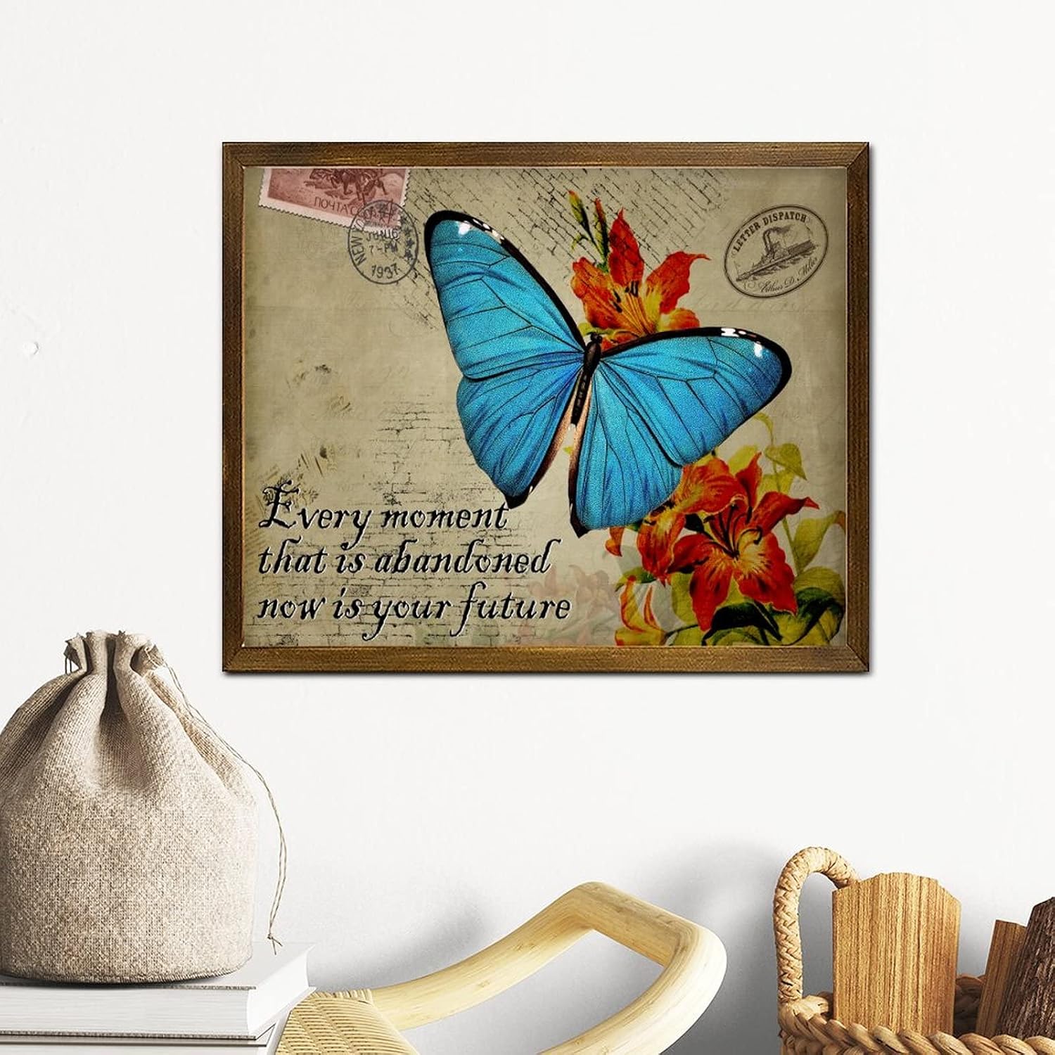 Every Moment That is Abandoned Now is Your Future Framed Wood Signs Vintage Lily Flower Blue Butterfly Wooden Wall Sign Retro Blossom Floral Wall Decor Rustic Wooden for Wall Home 16x20 Inch