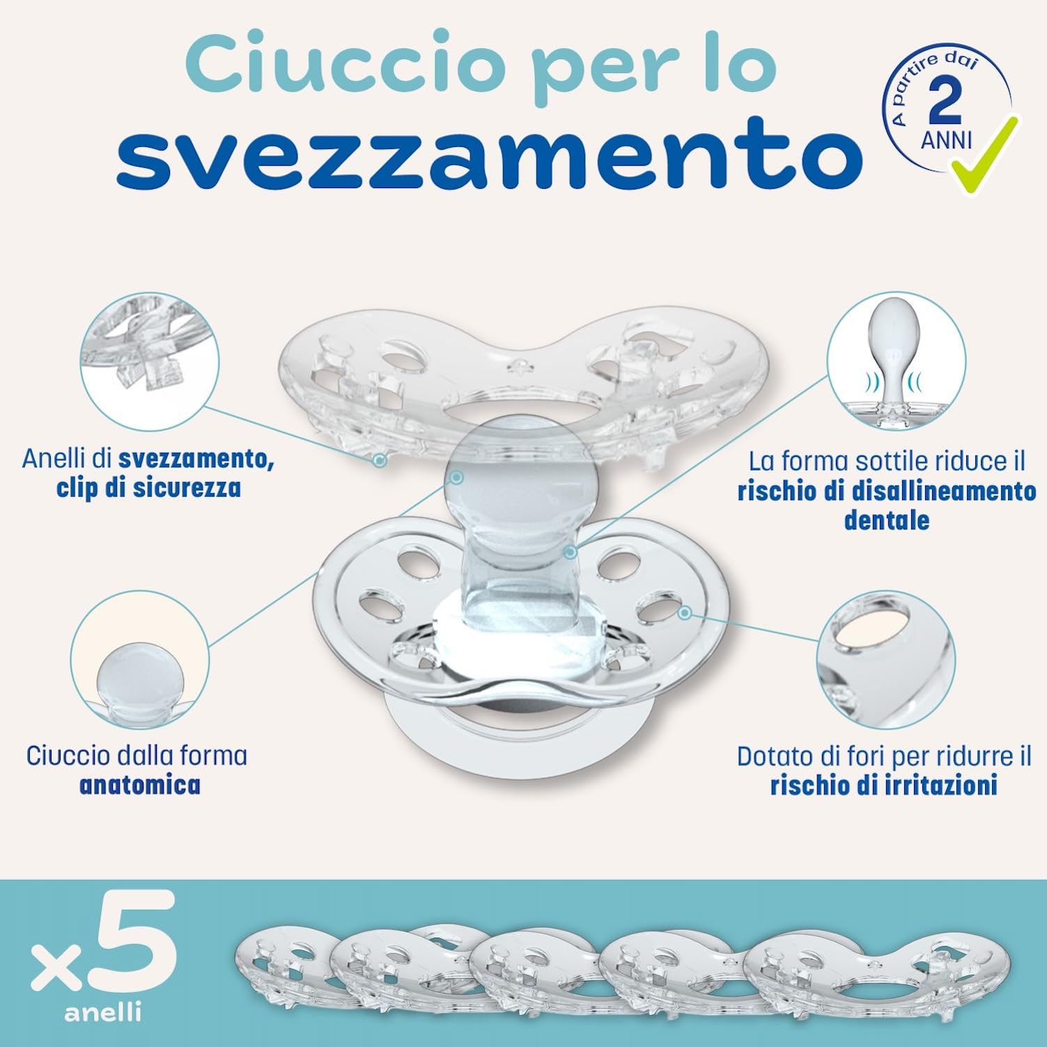 CLIPP Kit - Ciuccio per lo svezzamento Stelle + 5 anelli per lo svezzamento graduale - Svezzamento a tappe, facile e delicato - Dispositivo brevettato - Prodotto in Francia - A partire dai 2 anni