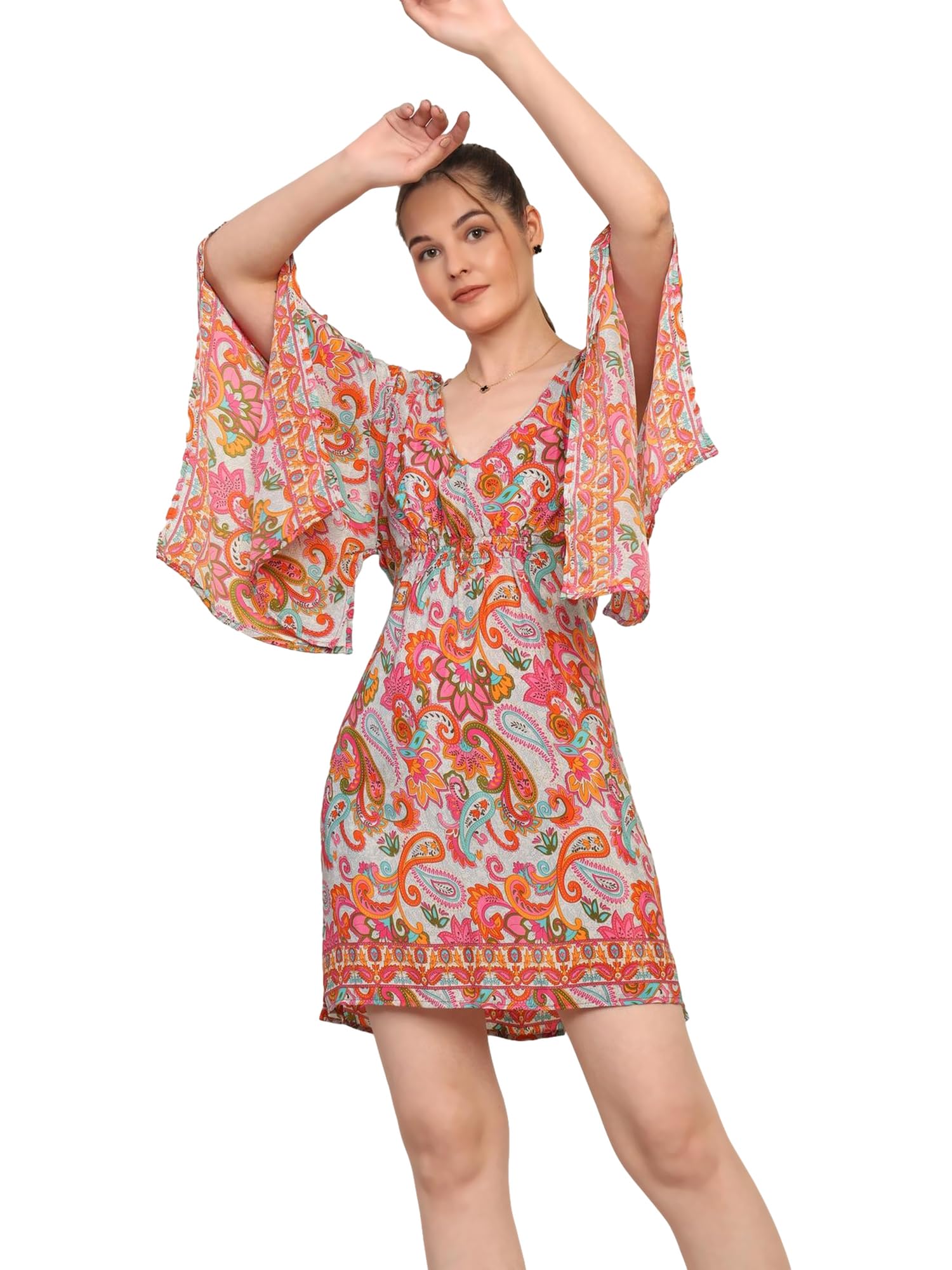 KE KanhaExportsKE KANHA EXPORTS Dress for Woman - Short Dress & Long Dress Latest Stylish Unique Border Design and Tassel Stretchable with Adjustable Drawstring fit and Flare Dress Beach wear