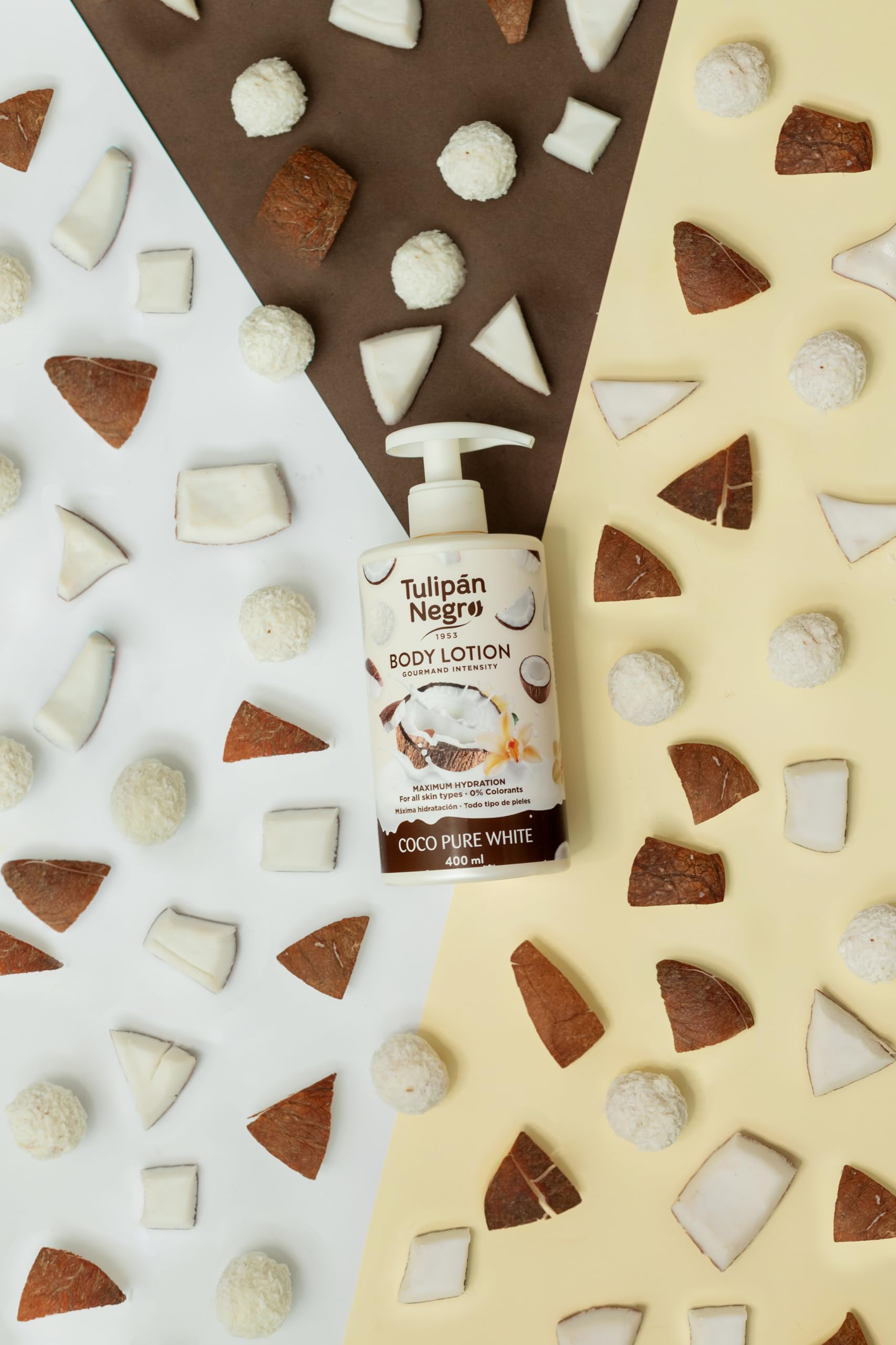 Czarny Tulipan balsam do ciała z dozownikiem Coco Pure White, maksymalne nawilżenie 400 ml, intensywnie pachnący dla wszystkich rodzajów skóry