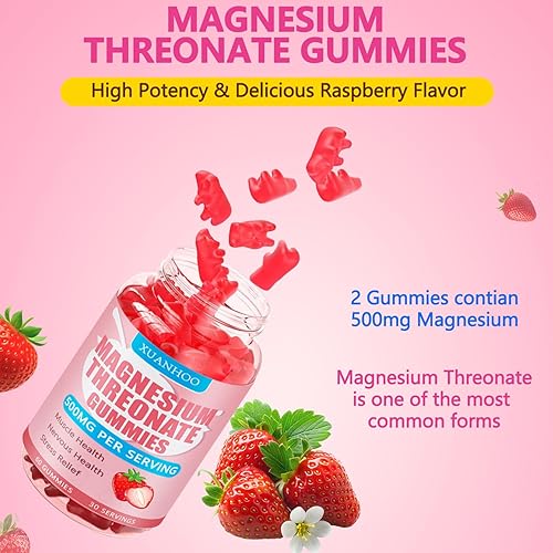 Miniatura 5 de Gomitas de treonato de magnesio, suplemento de magnesio, sabor a fresa, 60gomitas, 250 mg de magnesio por gomita, salud muscular y nerviosa, alivio