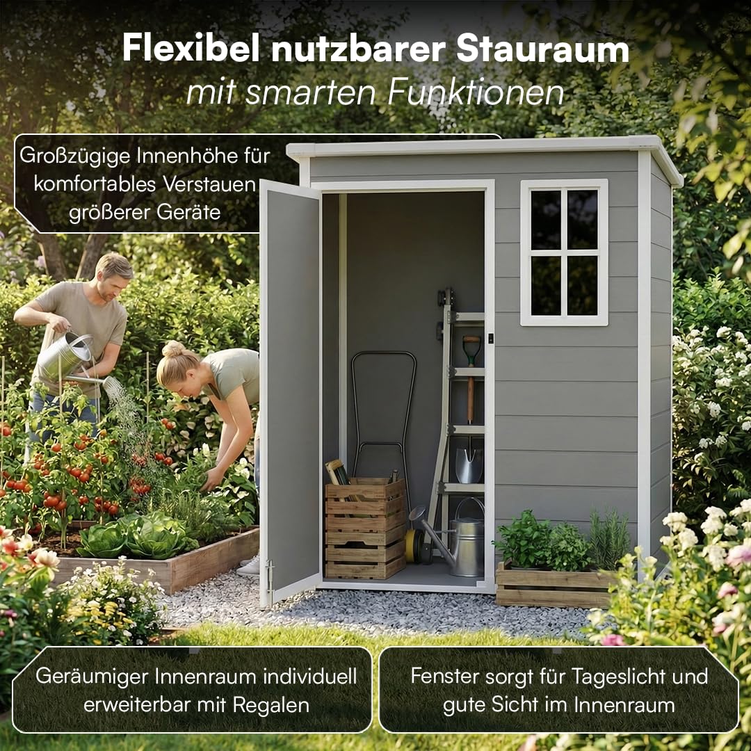 STEELSØN Novara Gerätehaus – Gartenschuppen mit Pultdach & Fenster – Gartenhaus 192x92x151 cm (HxTxB) – Geräteschuppen aus Kunststoff in Grau – Gartenhütte wetterfest & rostfrei – Schuppen