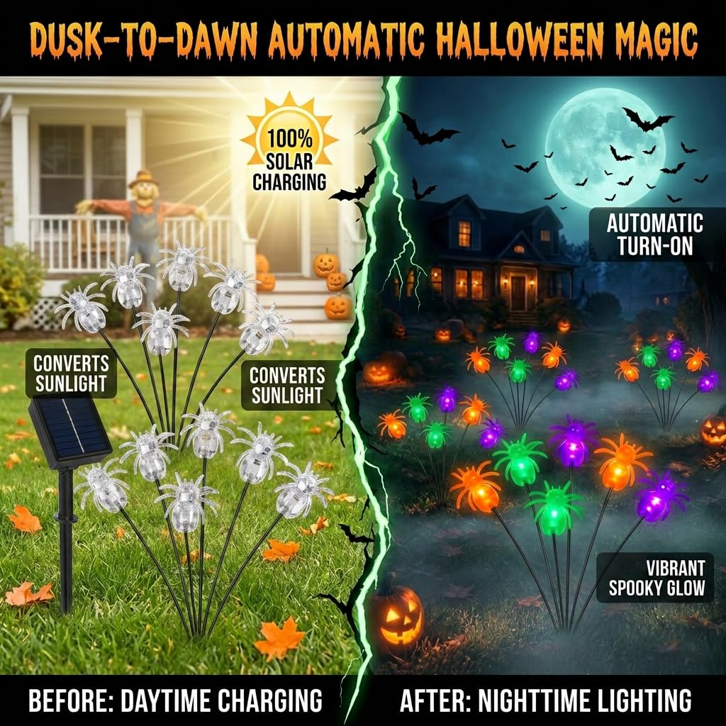 Newhale Set di 4 decorazioni natalizie a forma di ragno, 8 modalità, luci da giardino ondeggianti, luci solari per vialetti, luci natalizie per esterni, luci a forma di lucciola, per decorazione prato