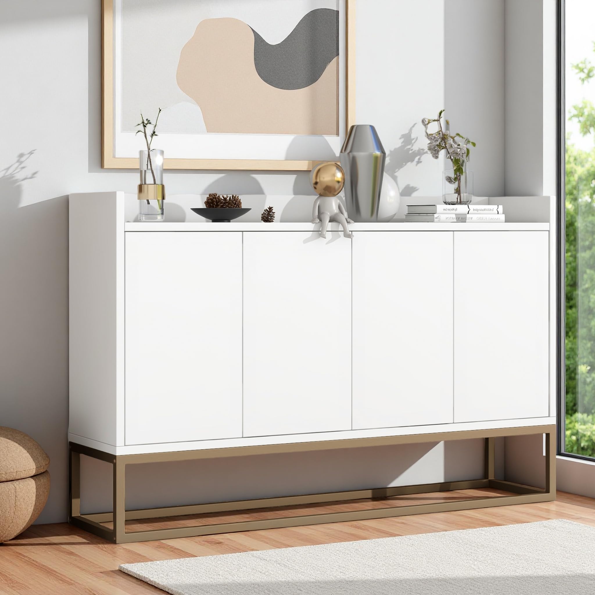 Kommode 120 x 30 x 80 cm mit Metallbeinen, Esszimmerschrank mit Vier grifflosen Türen und verstellbaren Trennwänden, Aufbewahrungsschrank für Küche, Wohnzimmer, Esszimmer (Weiß)