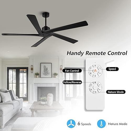 Miniatura 2 de WINGBO Ventilador de techo CC de 54 pulgadas sin luces, 5 cuchillas reversibles de madera maciza tallada, motor de CC silencioso de 6 velocidades,