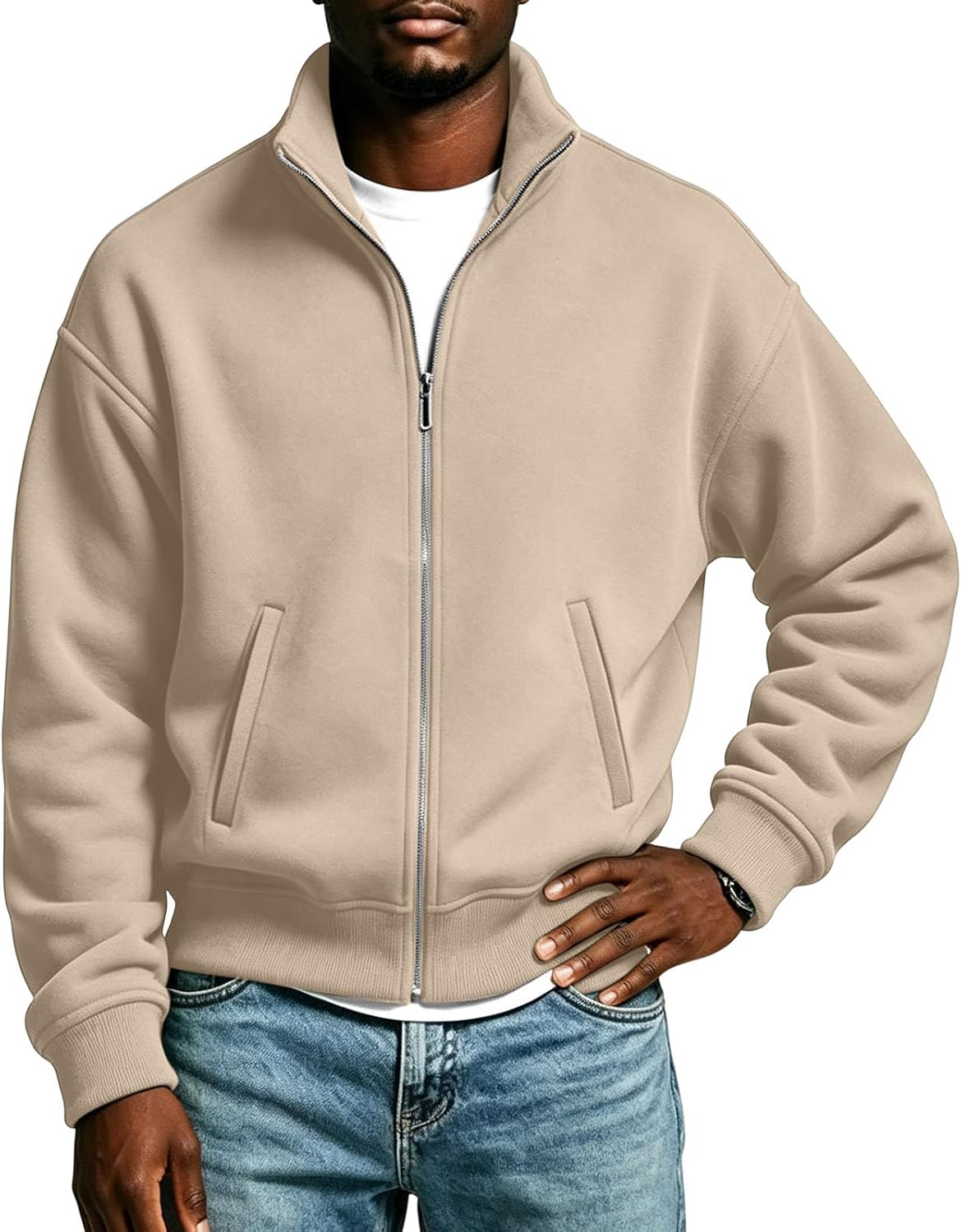Mens Stand Collar Zip Up Sweatshirt Jacket Long Sleeve Casual Coat