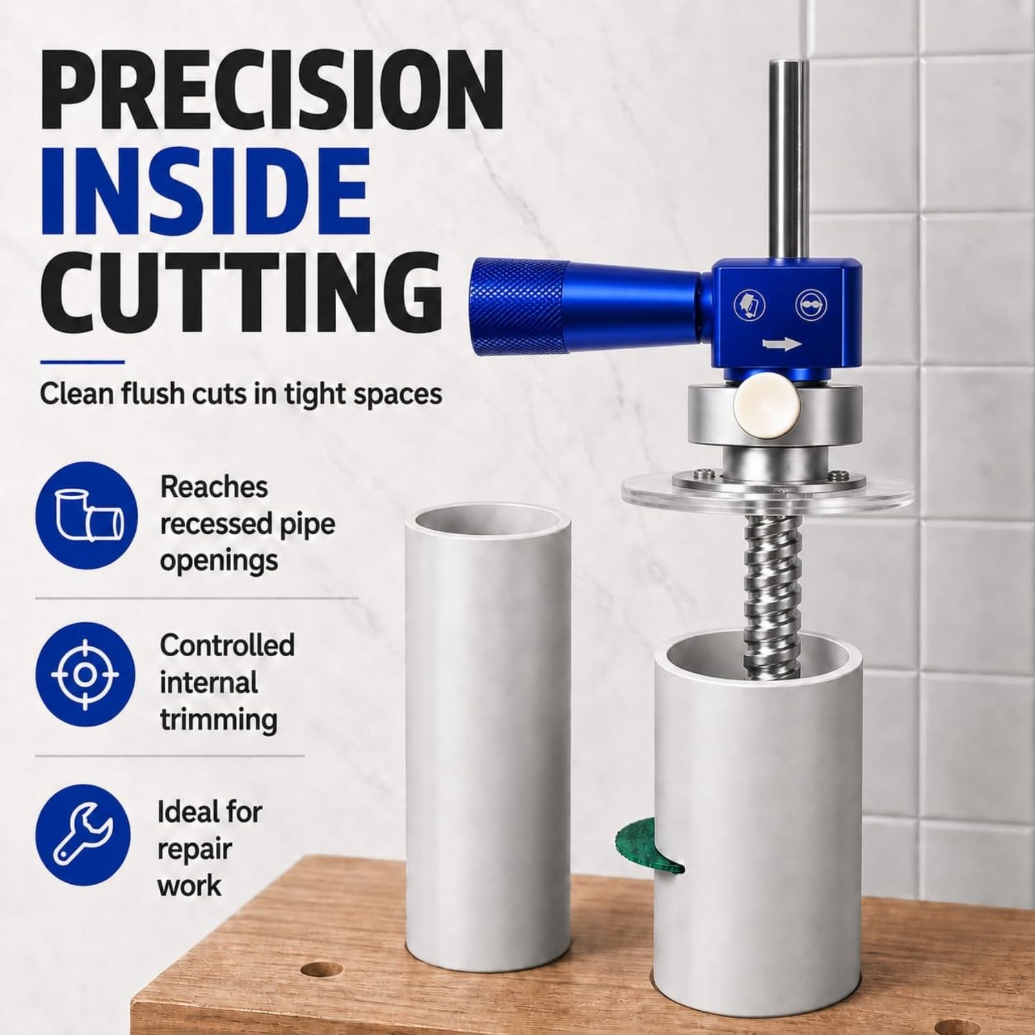 Cortatubos Interior para Tubos de PVC, Kit de Herramientas de Corte para PVC con Calibrador de Profundidad Ajustable, Herramienta de Corte de precisión de Pvc-Abs para Taladro (Blue)