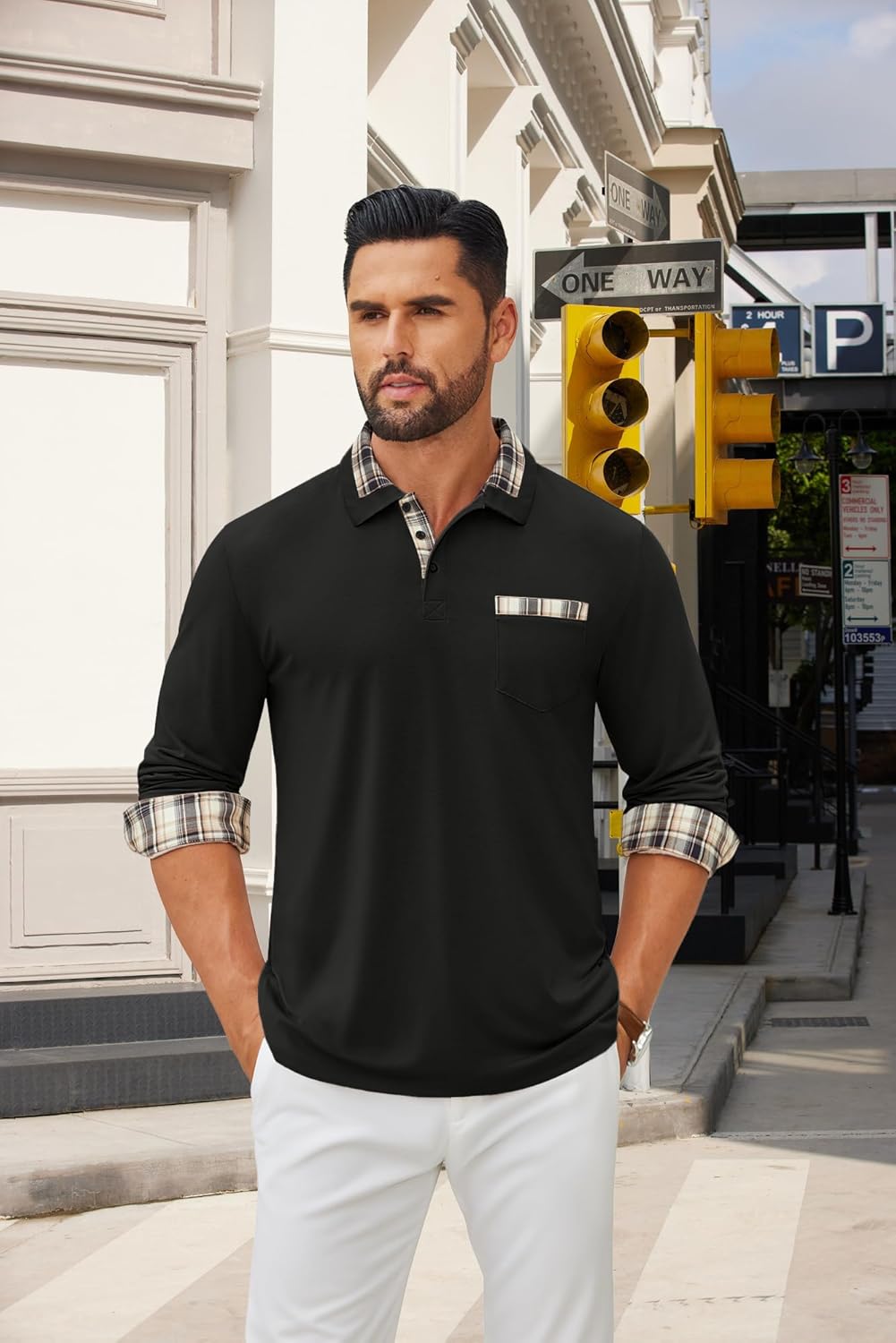 COOFANDY Men's Polo Shirt Long Sleeve Casual Button Polo Tee Plaid Collared Golg Shirt with Pocket - Image 2