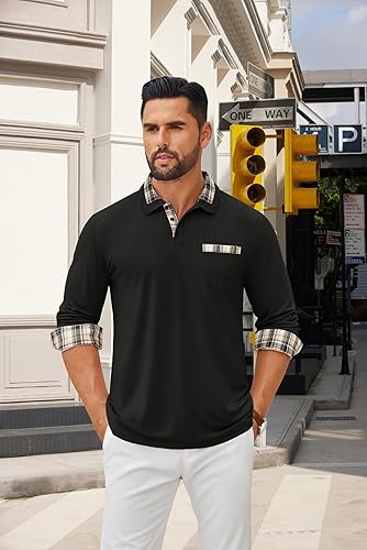 Vista 2 de COOFANDY Polo de manga larga para hombre, estilo casual, con botones, a cuadros, cuello de golg, con bolsillo
