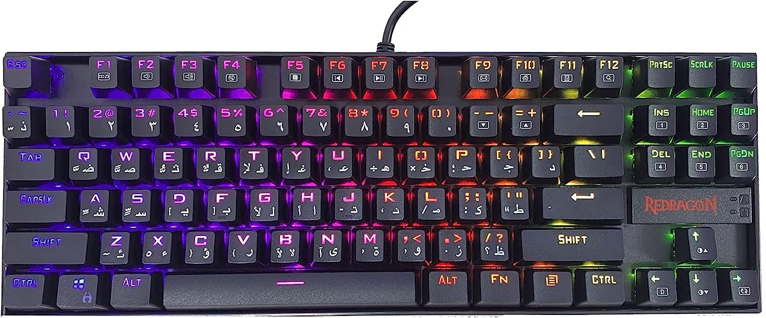 Redragon K552-RGB Arabic and English Compact Mechanical Gaming Keyboard - 60% Compact - Backlit Wired with Anti-Dust Proof Switches for Windows PC (Black, 87 Key Blue Switches)